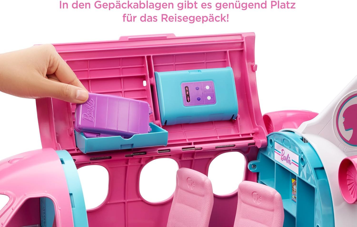 Barbie Spielzeug-Flugzeug Reise Traumflugzeug, 15 Zubehörteile, verwandelbares Spielset mit verstellbaren Rückenlehnen