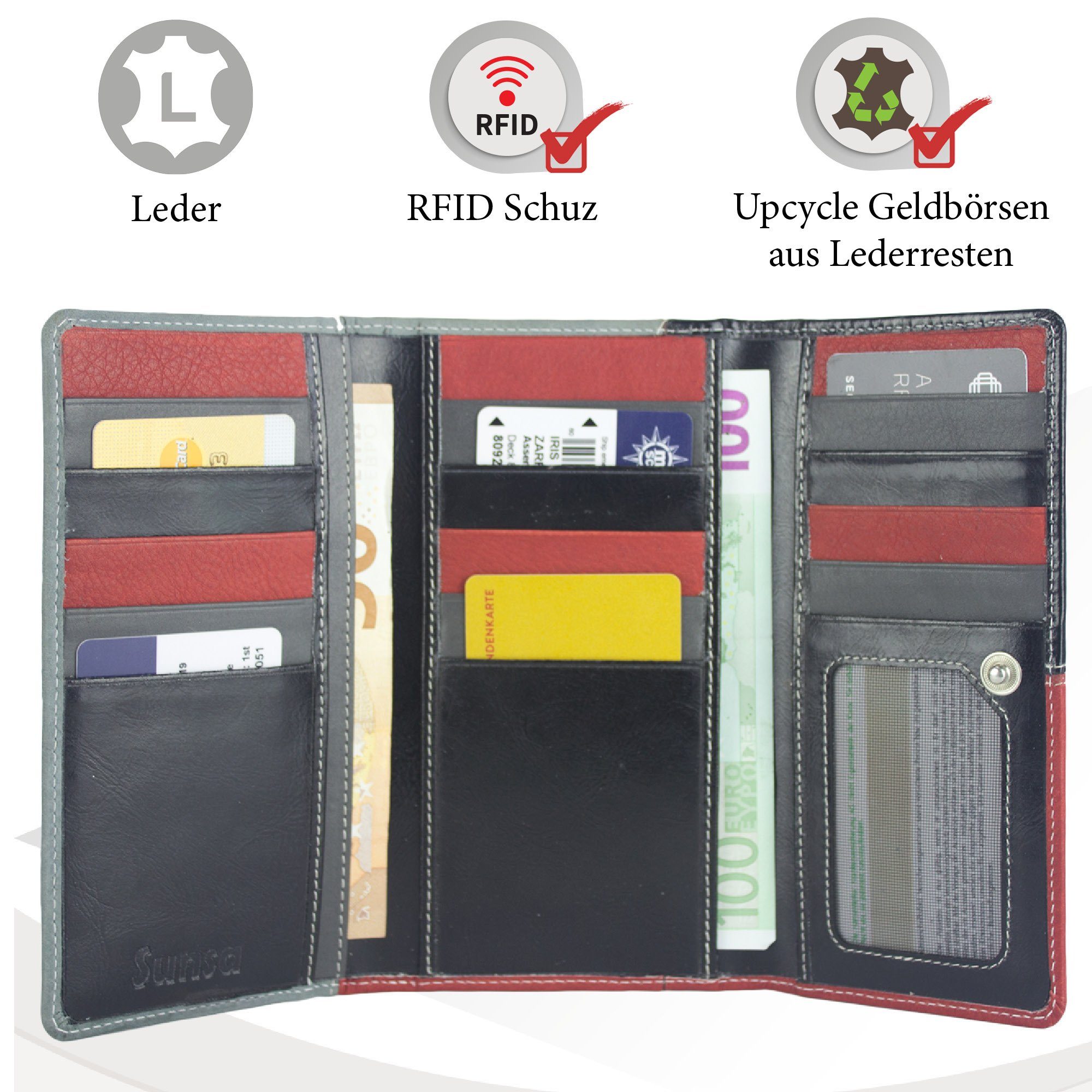 Geldbörse RFID-Schutz, recycelten mit aus schwarz/grau/rot aus echt Portemonnaie Damen Unisex Leder, Echt Sunsa Leder Geldbörse. Geldbeutel. Lederreste, Lederresten,