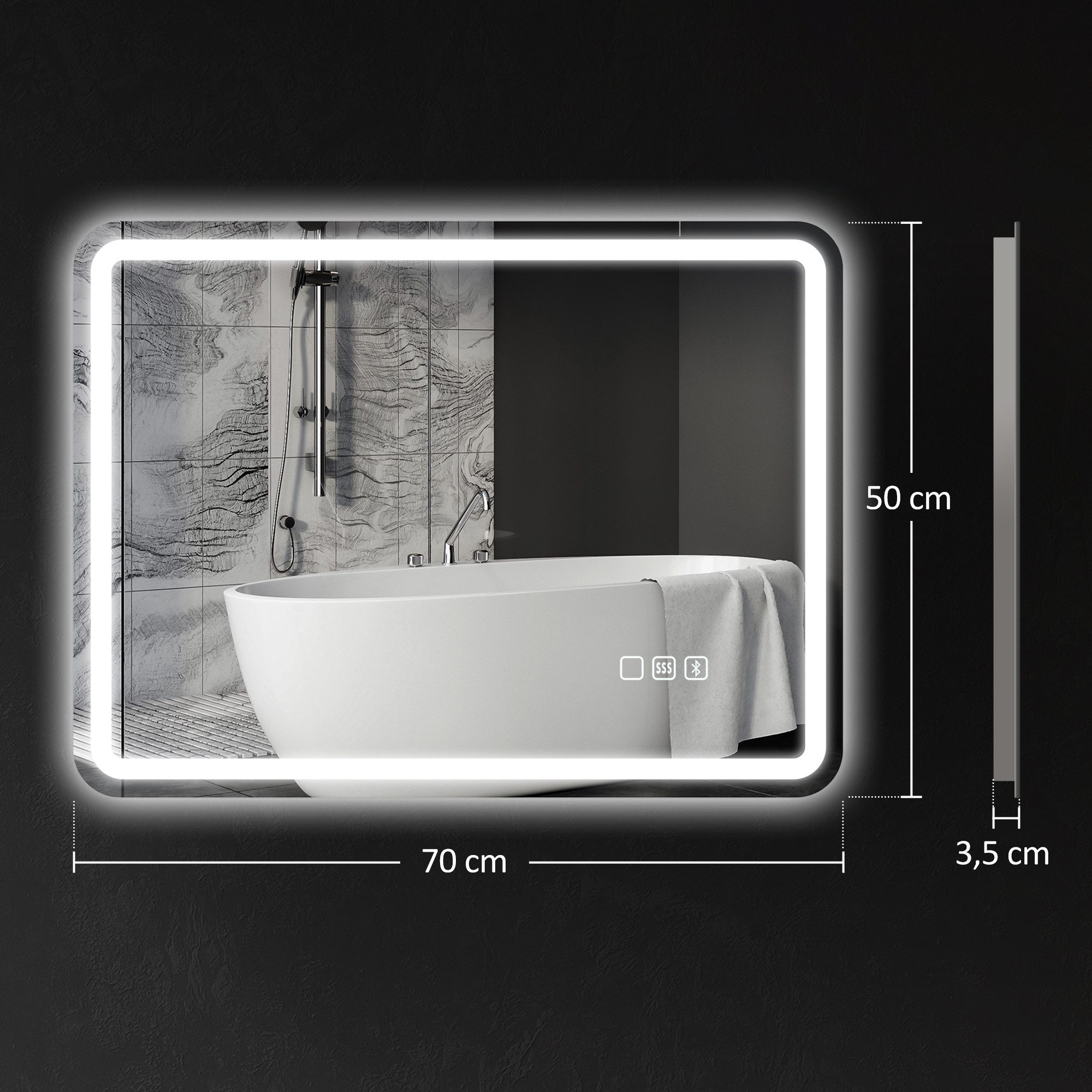 HOMCOM Badspiegel mit Beleuchtung 70x50 cm LED Spiegel mit Bluetooth-Musikfunktion (Wandspiegel mit Touchschalter Memory-Funktion, 1-St., Lichtspiegel Beschlagfrei), mit 3 Lichtfarben Silber