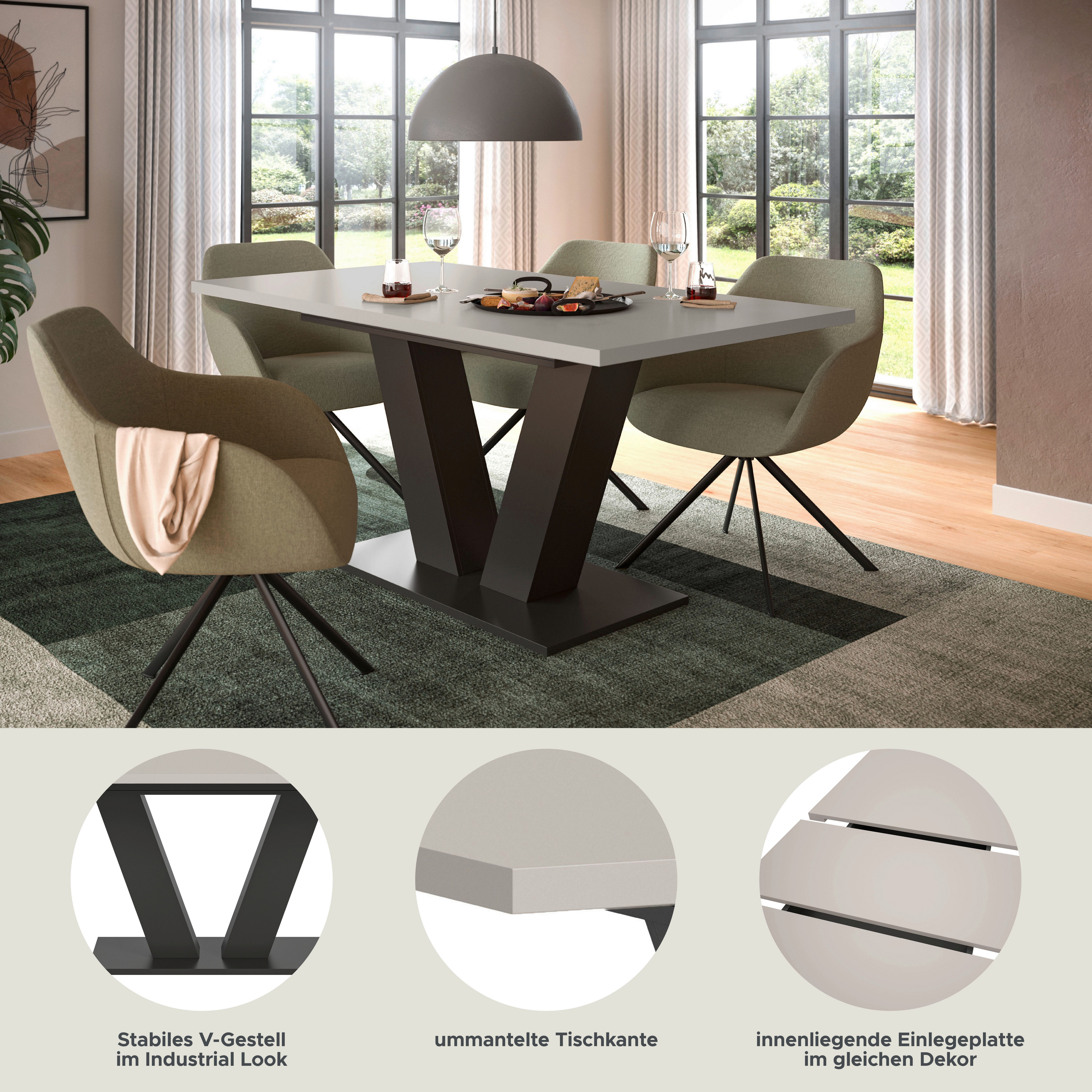 Home affaire Esstisch Motus, ausziehbar 150 -190 cm, inklusive 40 cm Einlegeplatte (Set, 1-St), V-Gestell mit Bodenplatte, Tisch, Küchentisch, Esszimmer, Küche