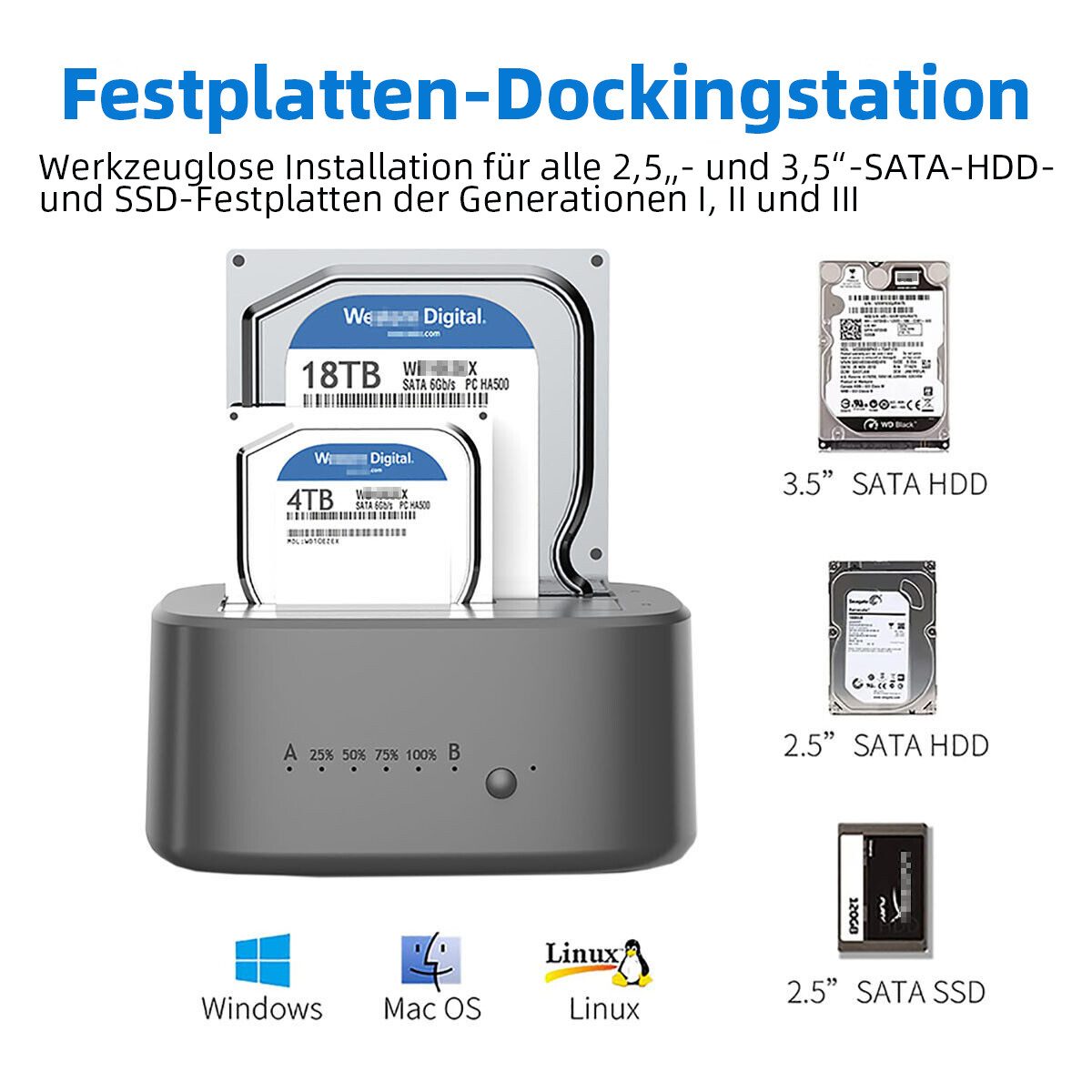 UnionSine Festplatten-Dockingstation UnionSine Dual-Bay-HDD-Dockingstation mit Offline-Klonfunktion, SATA-zu-USB-3.0-HDD-Klon-Dockingstation – Bild 4 von 5