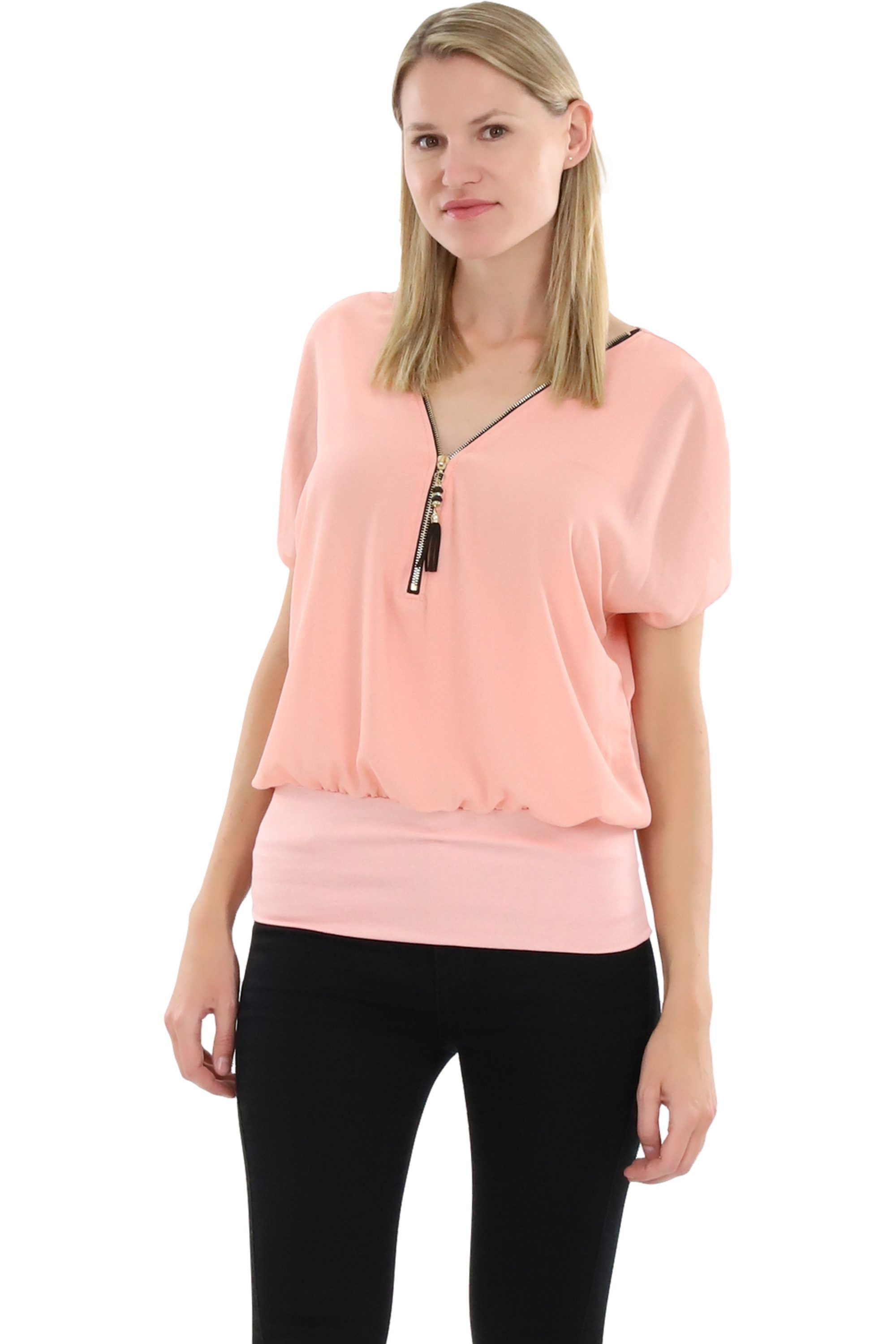 Chiffonbluse malito Damen kurzarm Bluse im Fledermaus Look, Tunika mit Zipper