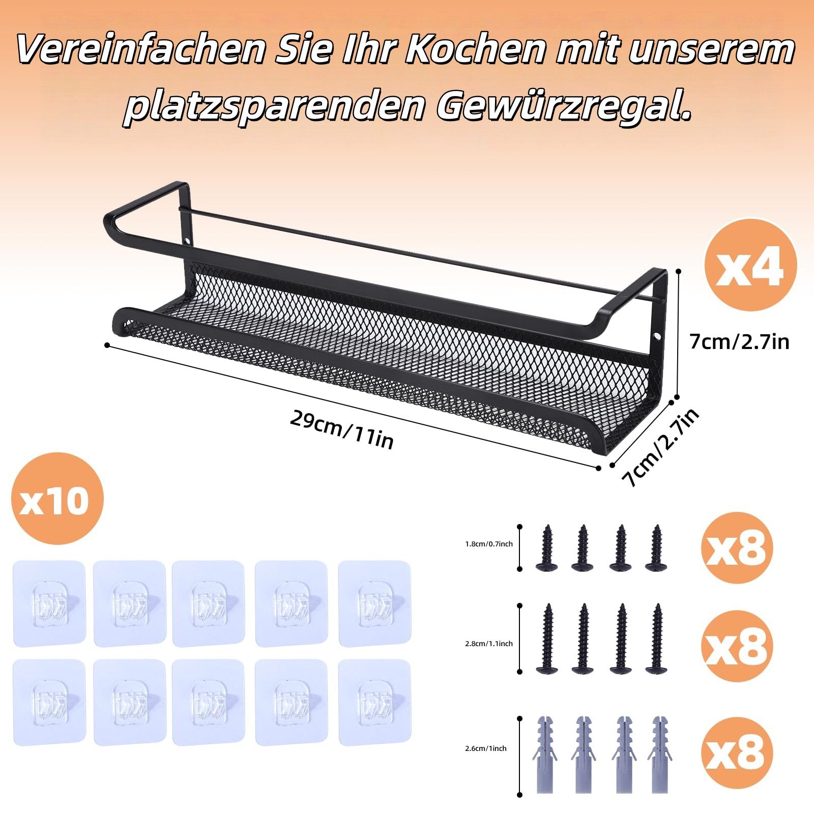 Zaewry Gewürzstreuer 4er Metall Gewürz Organizer - Gewürzregal Hängend,Ohne Bohren, für Küchenwand/Schranktür