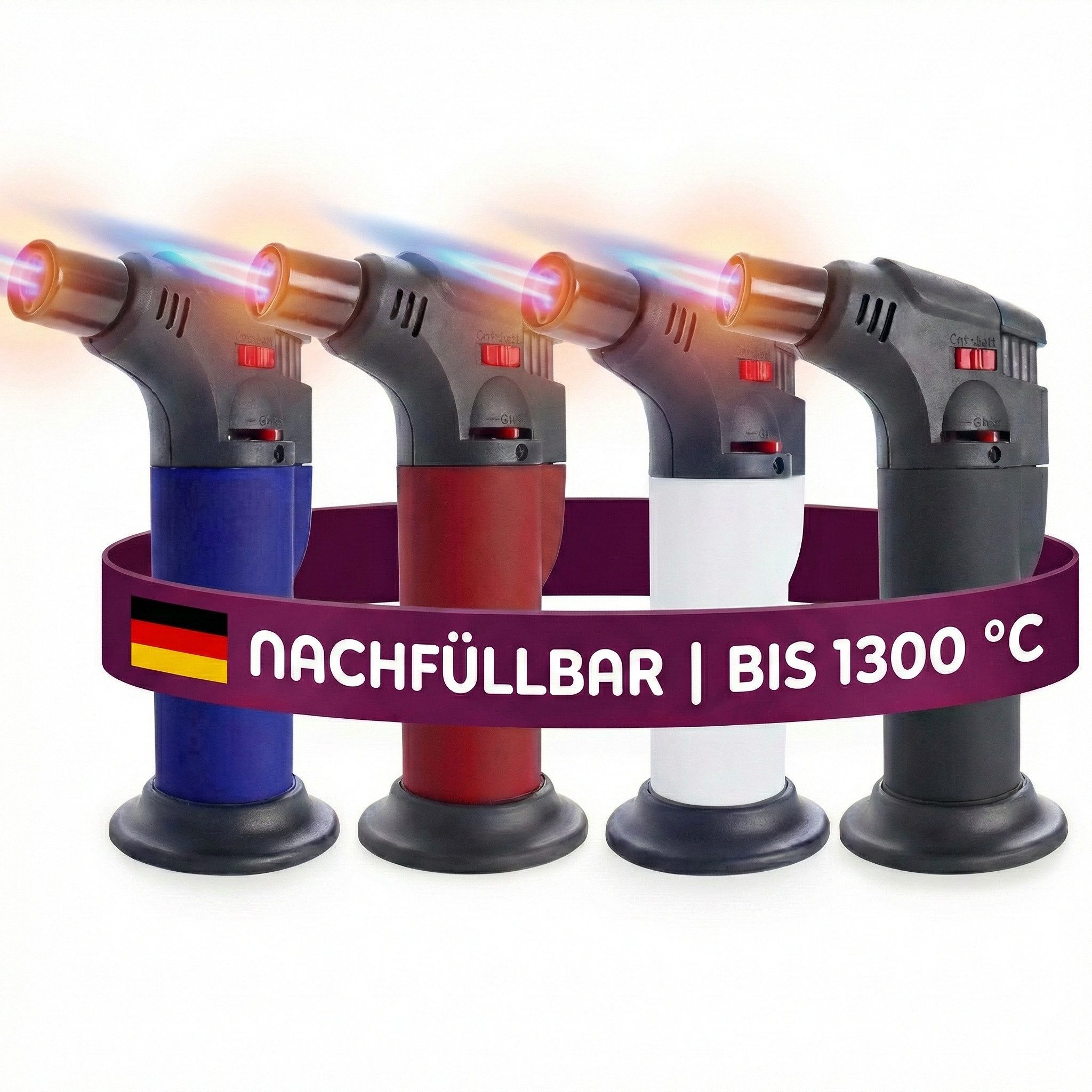 Unilite Flambierbrenner Gasbrenner 4er Set Sturmfeuerzeuge, Nachfüllbar, Jet Flamme, (4-tlg), bis 1300 °C, Standfuß