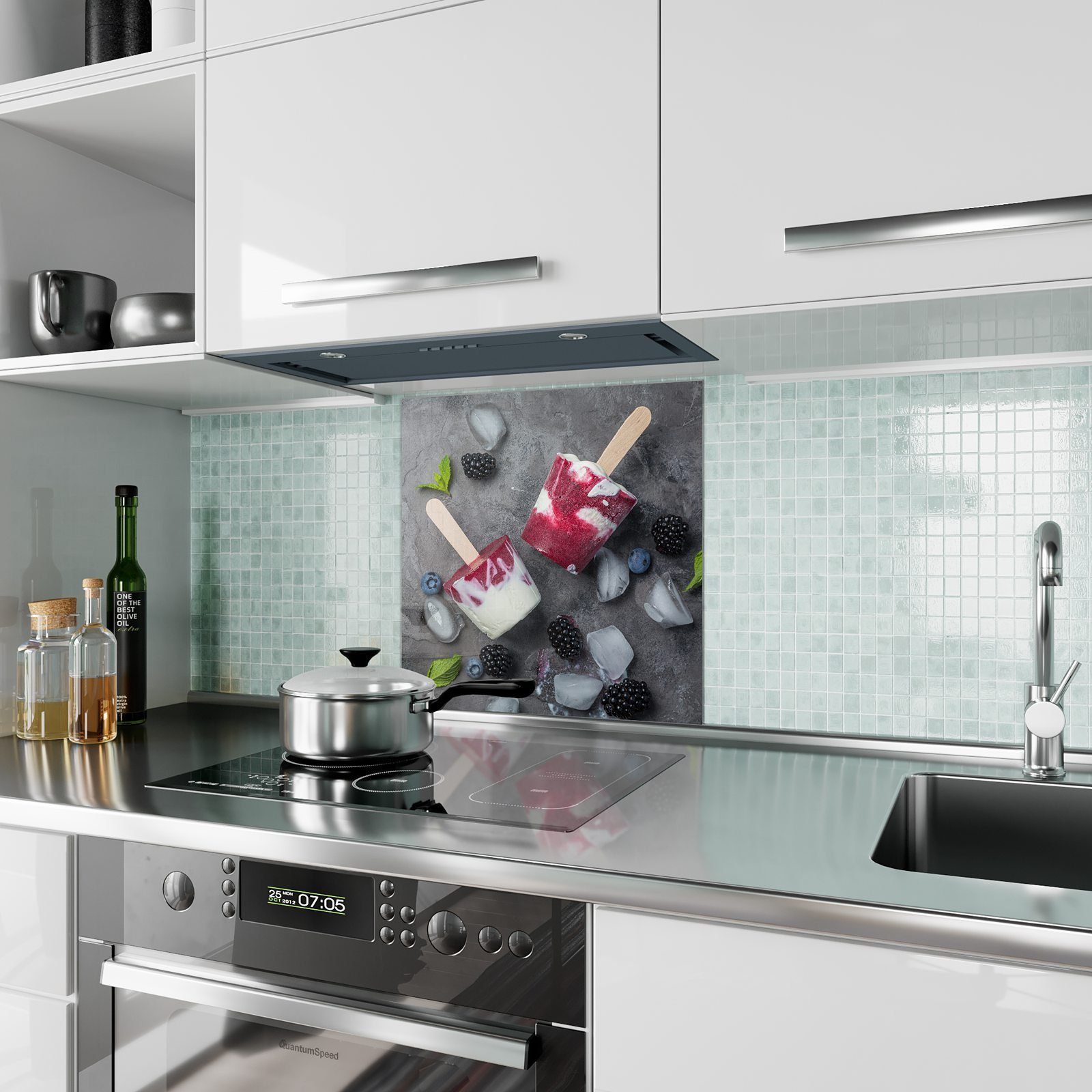gefroren Glas Spritzschutz Küchenrückwand mit Küchenrückwand Motiv Primedeco Beereneis