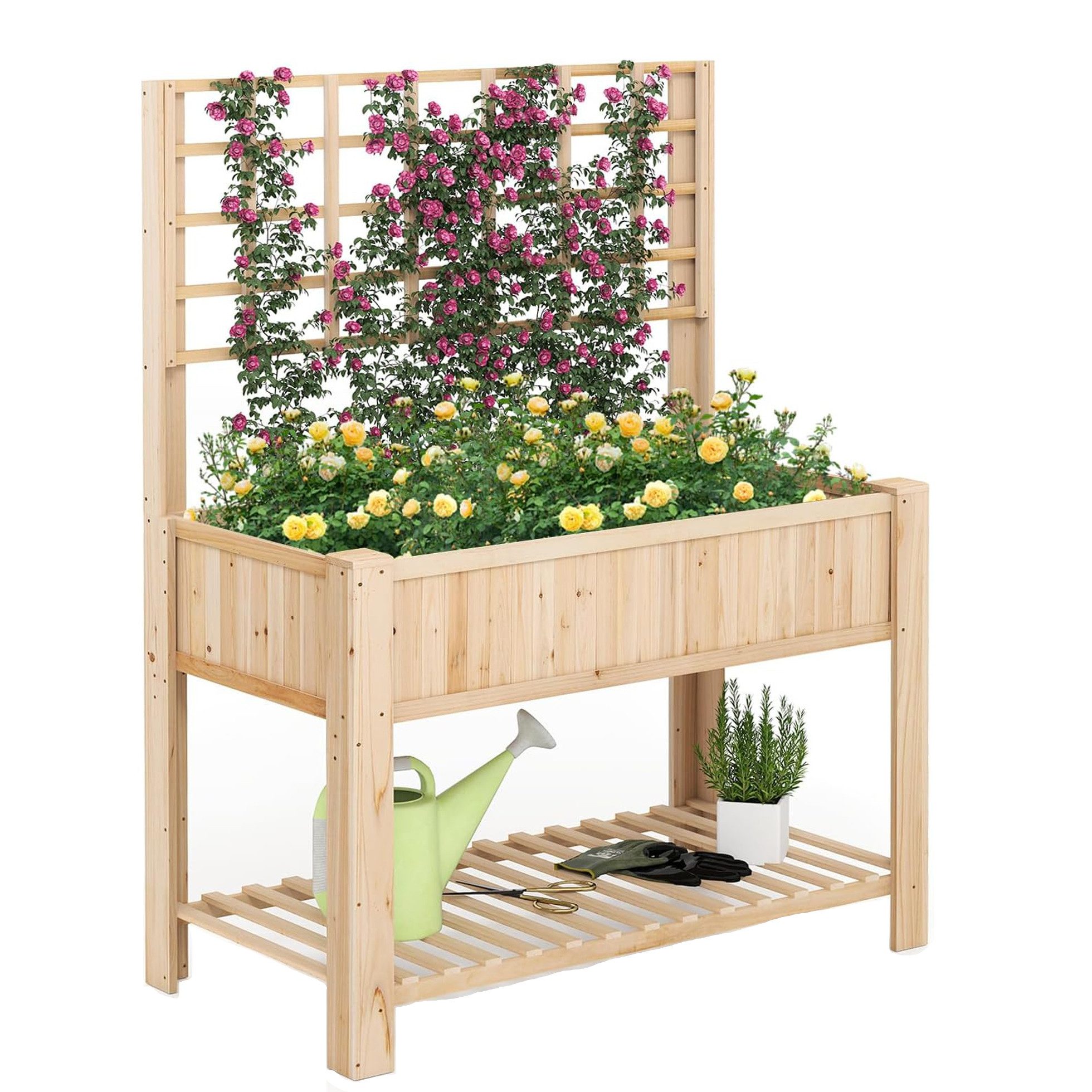 KOMFOTTEU Hochbeet Pflanzkasten Gartenbeet Blumenbeet, mit Spalier, Regalen & 4 Entwässerungslöchern