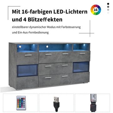 OKWISH Sideboard Aufbewahrungsschrank (Kommode mit 2 Türen und 3 Schubladen), mit LED-Beleuchtung und transparenten Acryltüren, Unterschrank