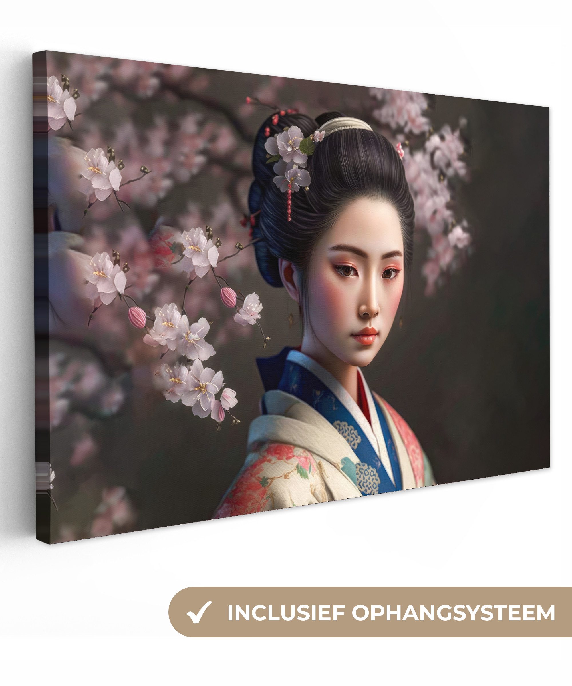 OneMillionCanvasses® Leinwandbild Frau - Sakura - Kimono - Asiatisch - Porträt, Fotodruck (1 St), Leinwand Bilder Klein, Wand Dekoration Aesthetic 30x20 cm