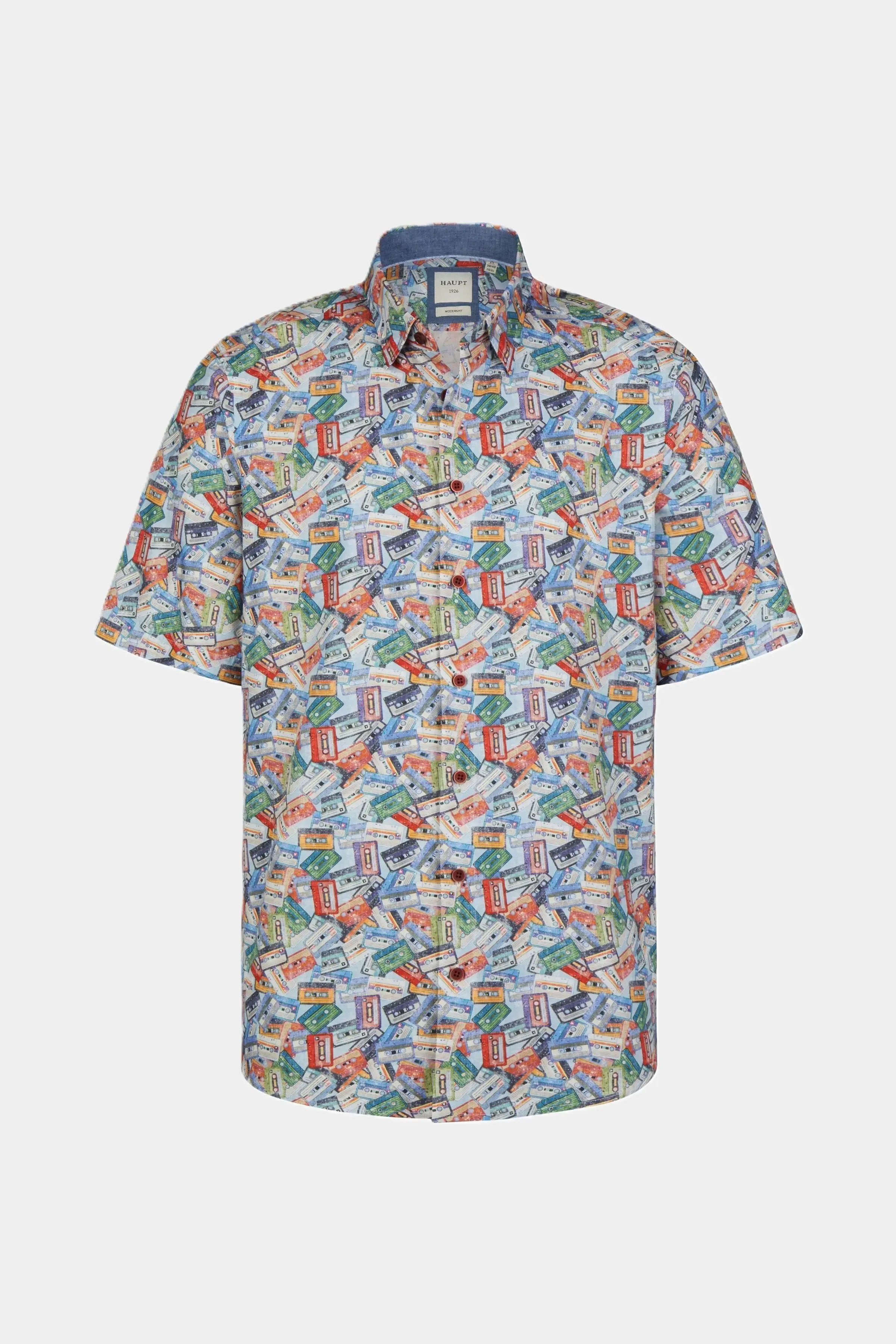 Haupt Kurzarmhemd Modern Fit Kurzarm Baumwoll-Herrenhemd Kassettenmuster Light Blue