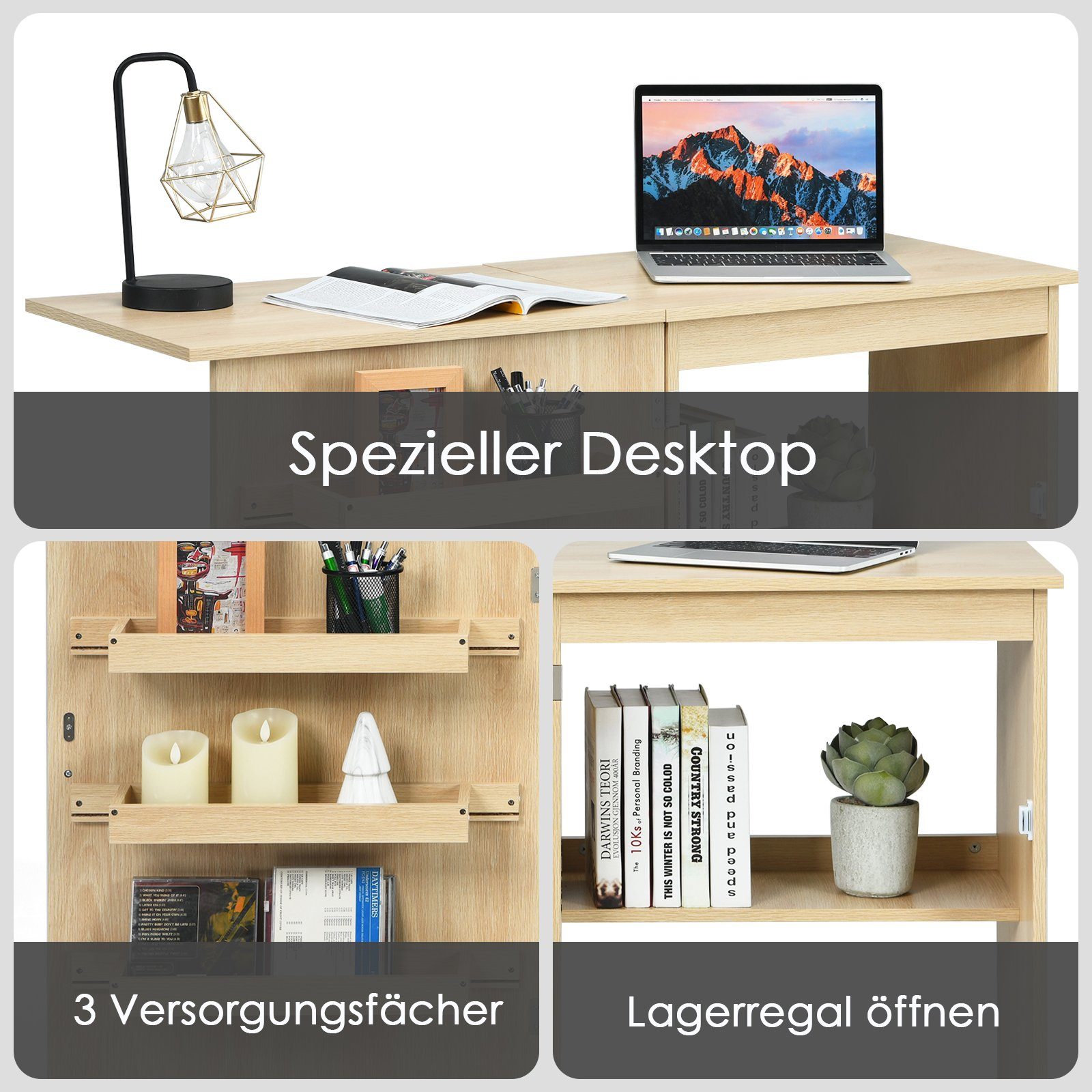 COSTWAY Regal-Schreibtisch, Nähschrank klappbar & rollbar, mit Stauraum, 118,5x40x79,5cm