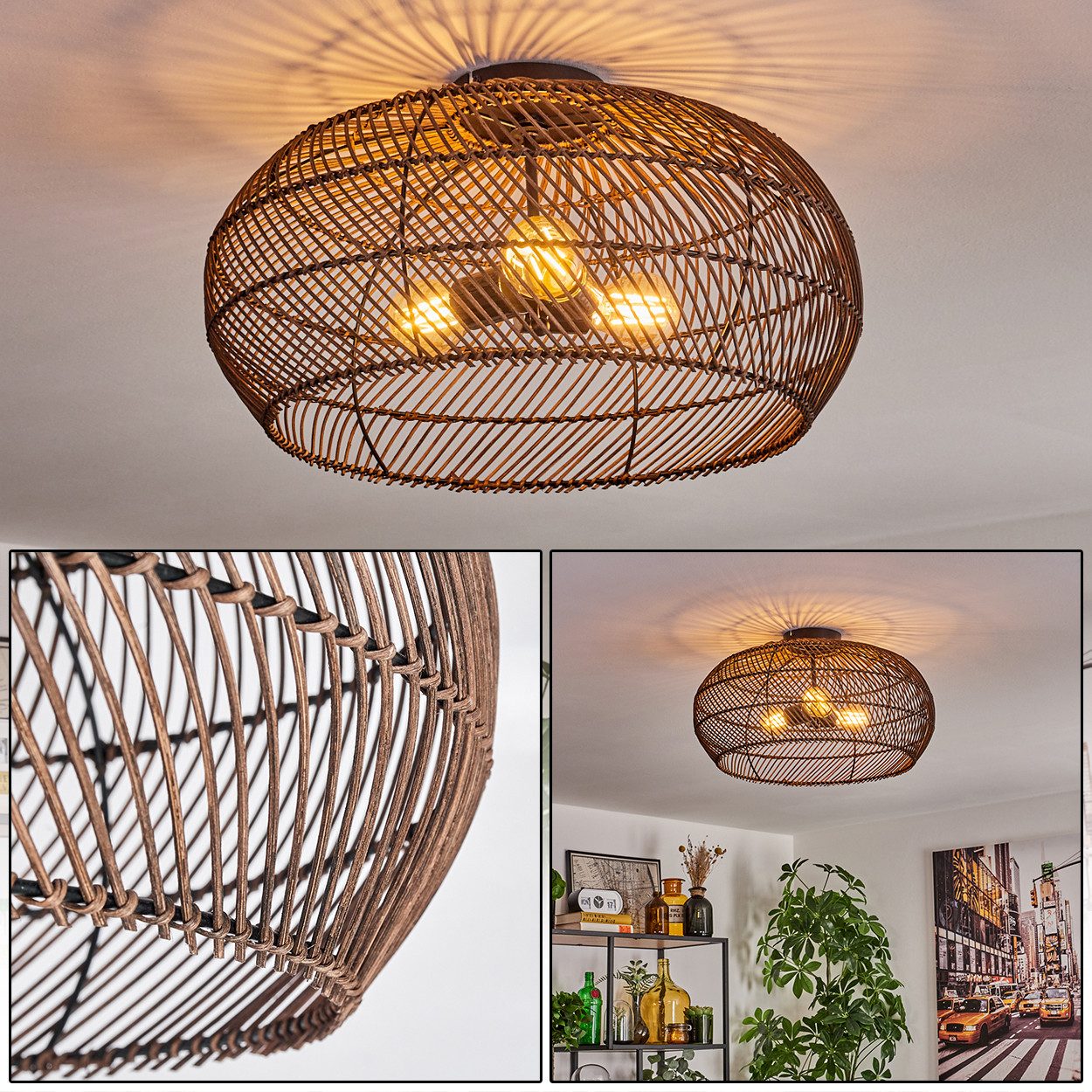 hofstein Deckenleuchte moderne Deckenlampe aus Metall/Rattan in Schwarz/Dun günstig online kaufen