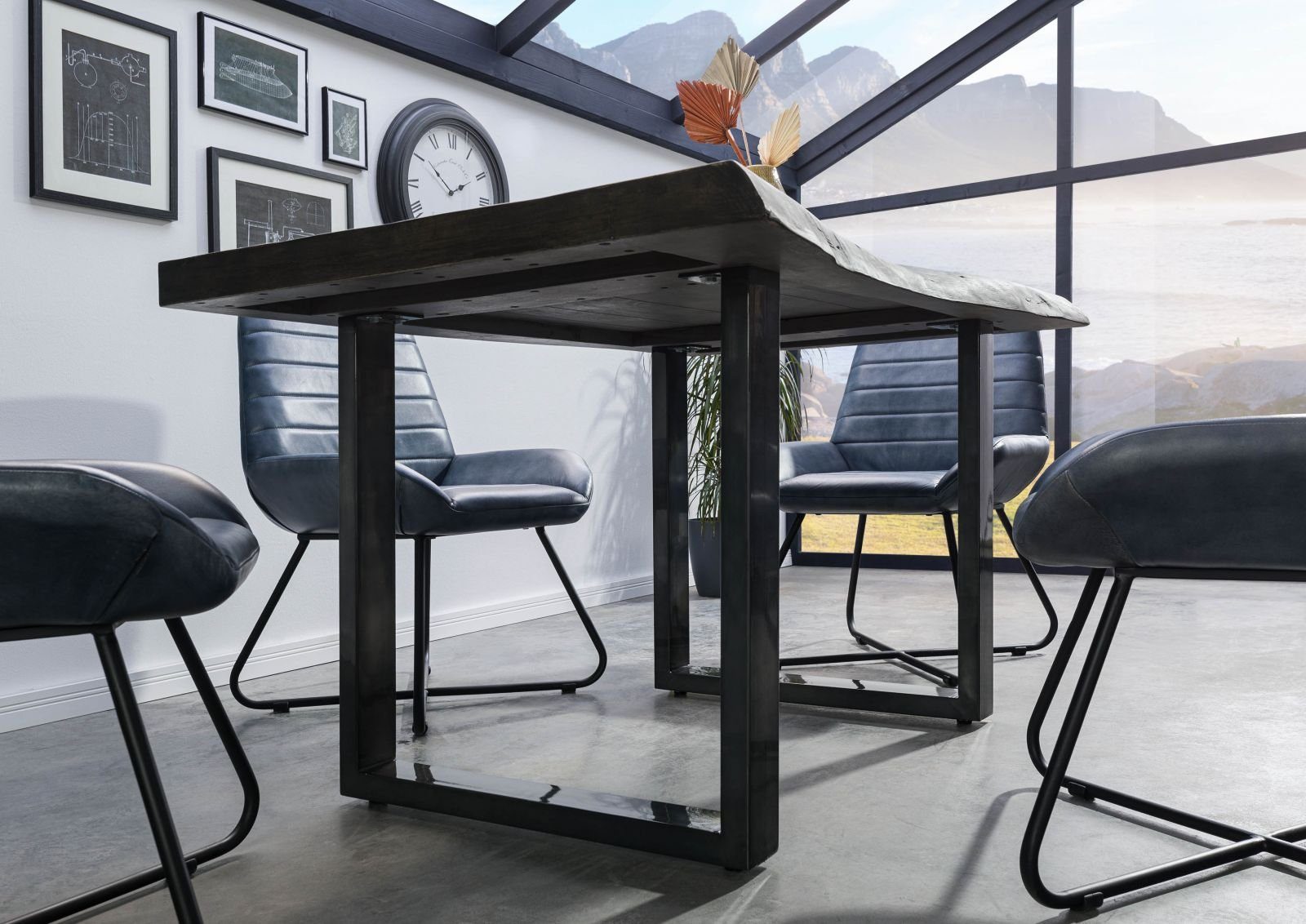 Massivmoebel24 Baumkantentisch FREEFORM (Massivholz, Massivholztisch), Baumtisch Mango 140x90x77 grau / U-Beine anthrazit FREEFORM 5