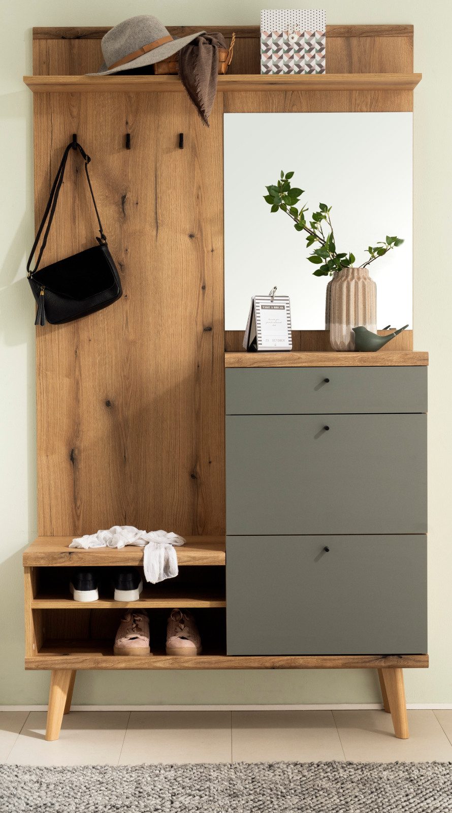 Furn.Design Kompaktgarderobe Juna (Garderoben Set in Evoke Eiche und Salbei grün, 110 x 200 cm) mit viel Stauraum