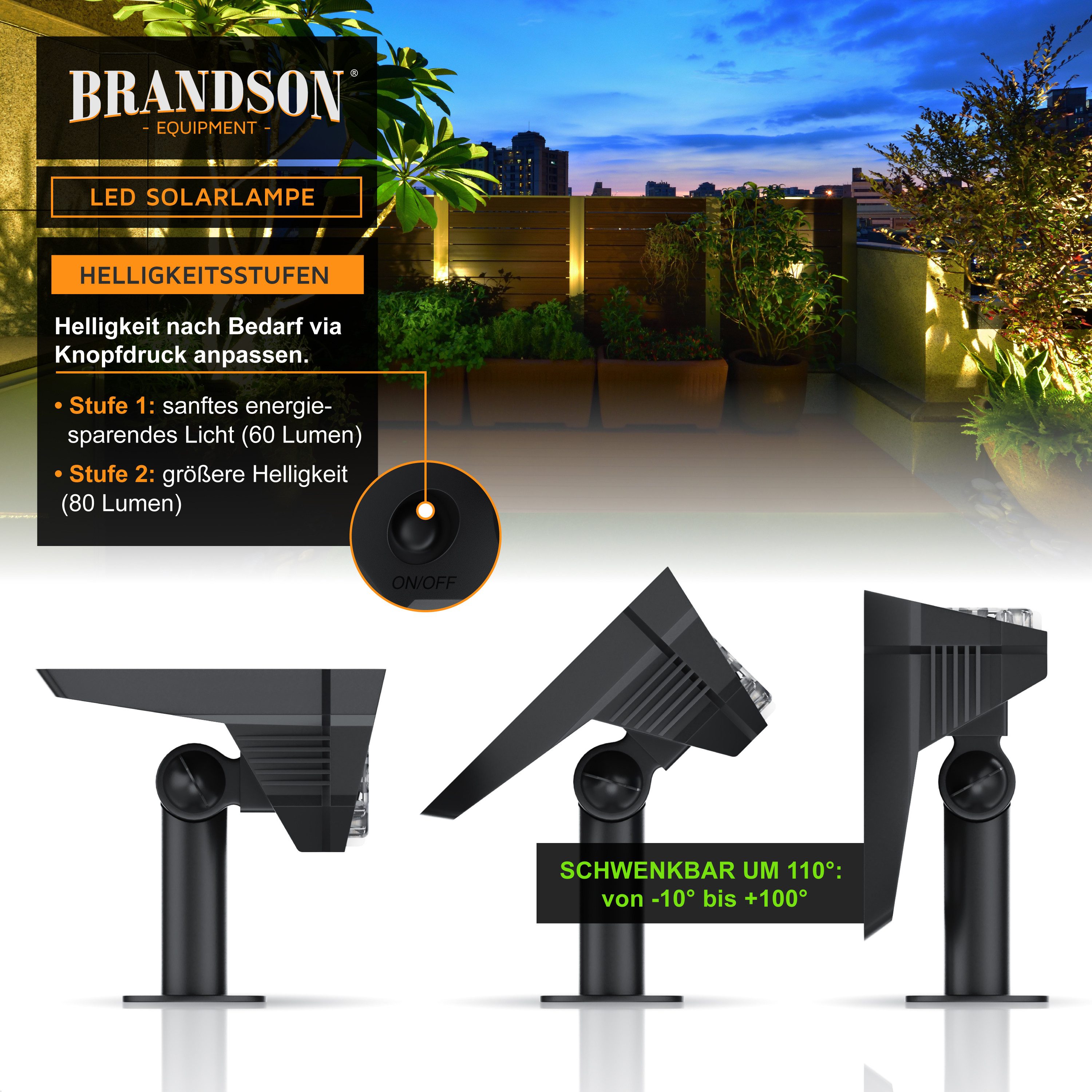 Brandson LED Gartenstrahler Solar Erdspießleuchte, Akku Gartenleuchte, Solarspotlight Wandmontage, Ein-/Ausschalter, mehrere Helligkeitsstufen, LED fest verbaut – Bild 3 von 5