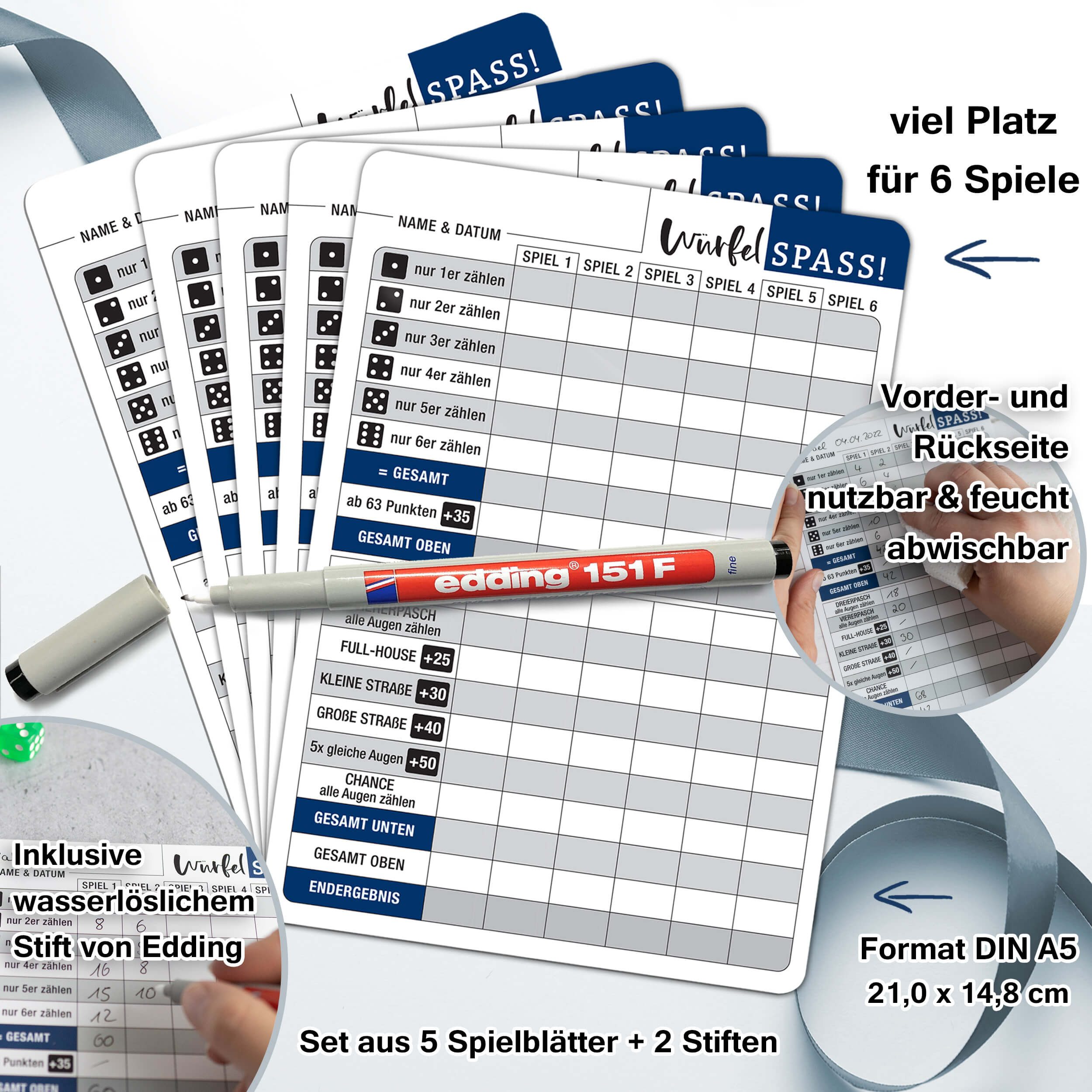 TOBJA Spiel Würfelspiel 5x Folie "Senior" + 2 Stifte, kompatibel mit Kniffel, Yatzy u.ä. Spielen