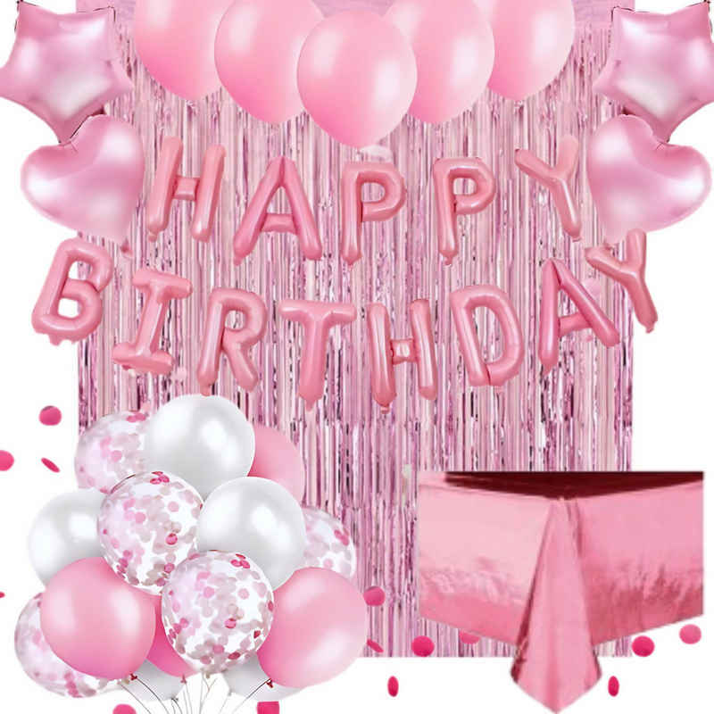 Montegoni Luftballon Rosa Geburtstagsdeko für Mädchen mit Happy Birthday Girlande, Luftballons,Latex Ballons,Glitzer Vorhang,Rosa Kindergeburtstags Deko