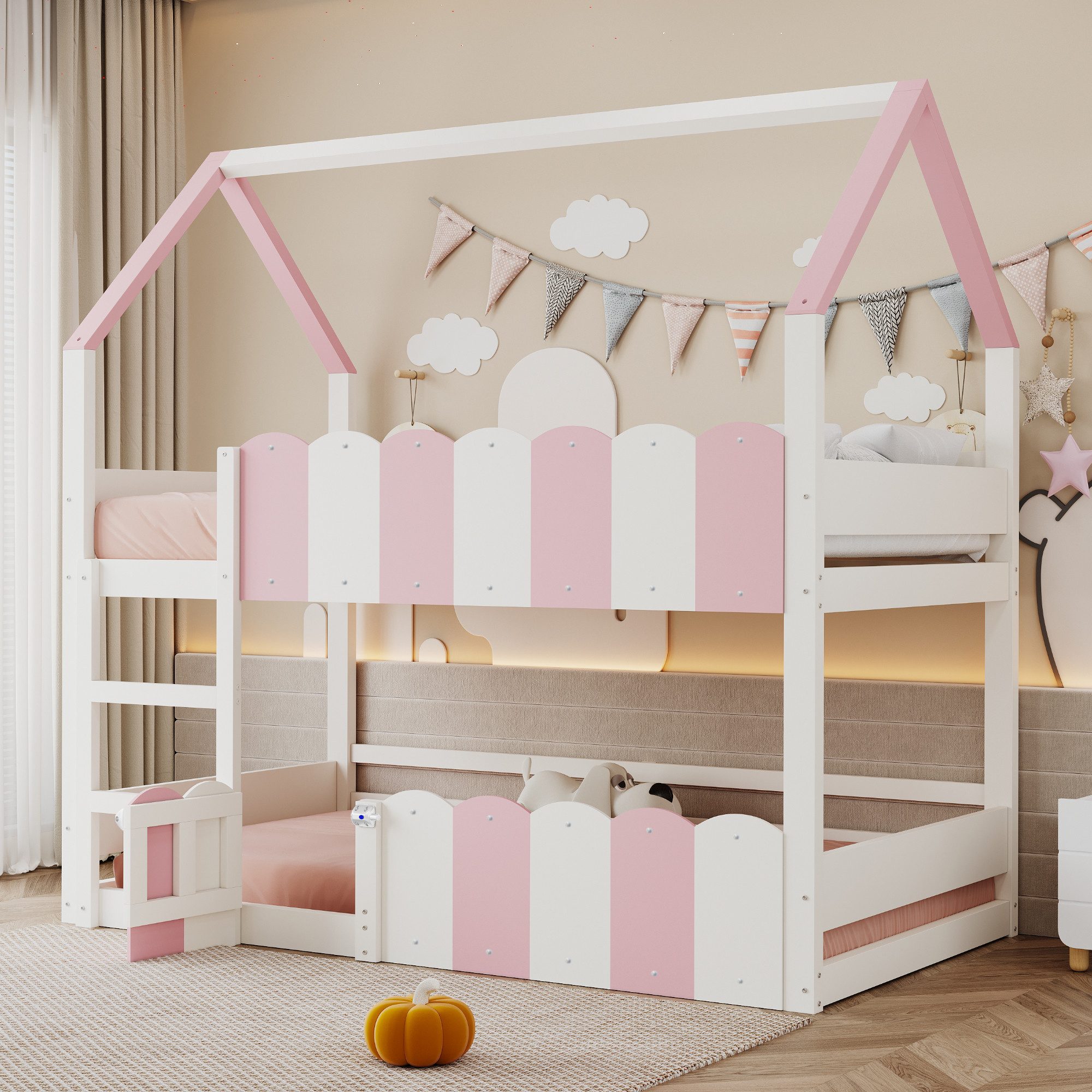 OKWISH Etagenbett Kinderbett Holzbett (mit Hausrahmen & Sicherheitsgeländer, Hochbett mit Lattenrost und Klapptür, Spiel- & Schlafbereich, 90x200 cm), ohne Matratze, Das untere Bett ist ohne Lattenrost.