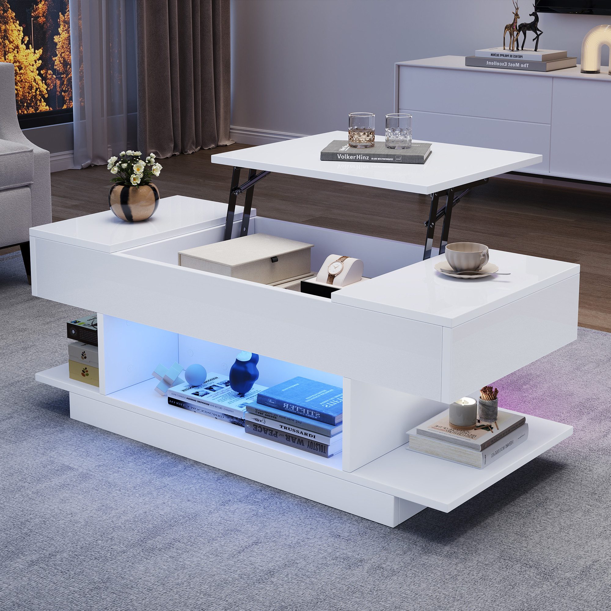 OKWISH Couchtisch mit Lift-Tischplatte (Teetisch, Wohnzimmertisch, 1-St., mit 2 Klappschränken, halboffenem Stauraum), Hochglanz-Teetisch mit LED