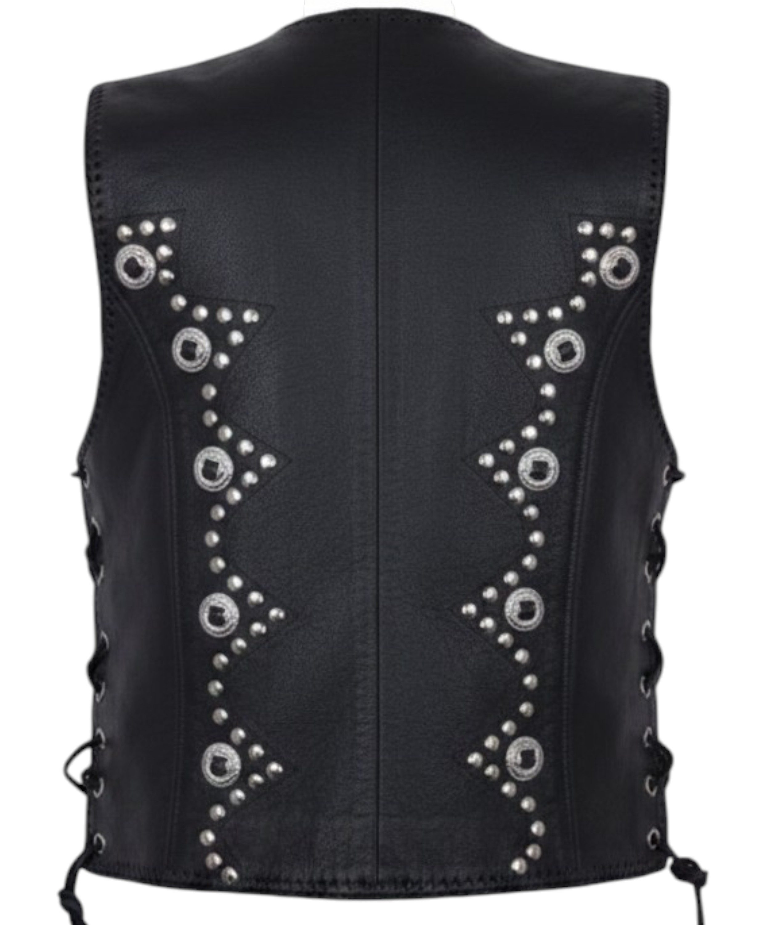 MDM Lederweste Damen Lederweste Schwarz mit Nieten Conchos und Schnallen (Damen Bikerweste aus Echtleder mit Nieten, Conchos und Schnürung) Damen Biker Lederweste mit Nieten, Conchos und Schnürung