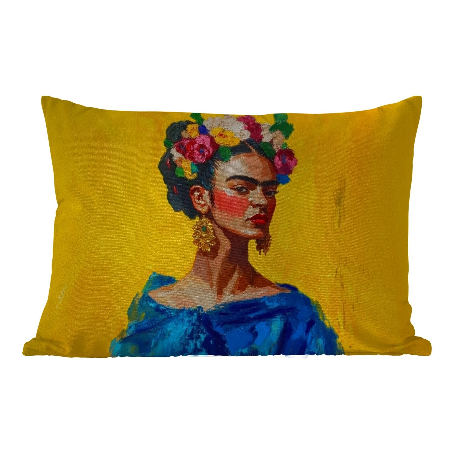 MuchoWow Dekokissen Frida Kahlo - Frau - Gelb - Blau - Blumen, Outdoor-Dekorationskissen, Kissen, Kissenbezug, 50x30 cm