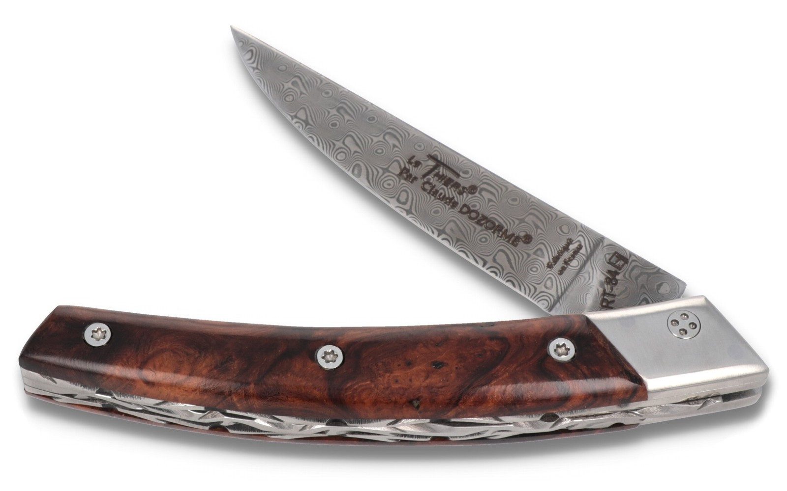 Claude Dozorme Taschenmesser 5.90.320.BFD, Le Thiers RLT - Griff 12cm Eisenholz - Damastklinge - Platine verziert