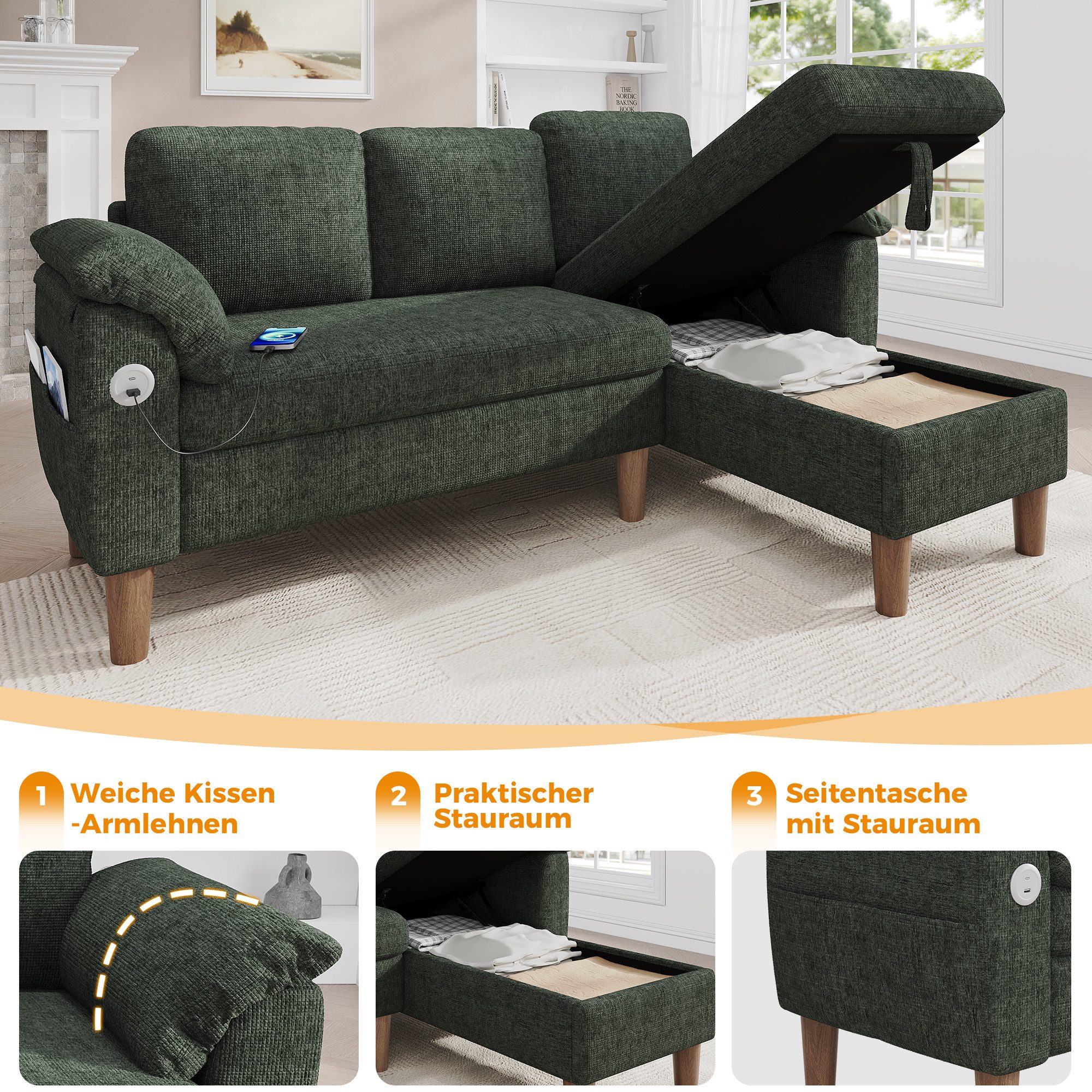 Merax Ecksofa L-förmiges Sofa mit Stauraum-Chaiselongue, links oder rechts montierbar, Couch, Schlafsofa 1 Teile, 3-Sitzer-Sofa mit USB & Type-C Ladeanschluss,  – Bild 5 von 5