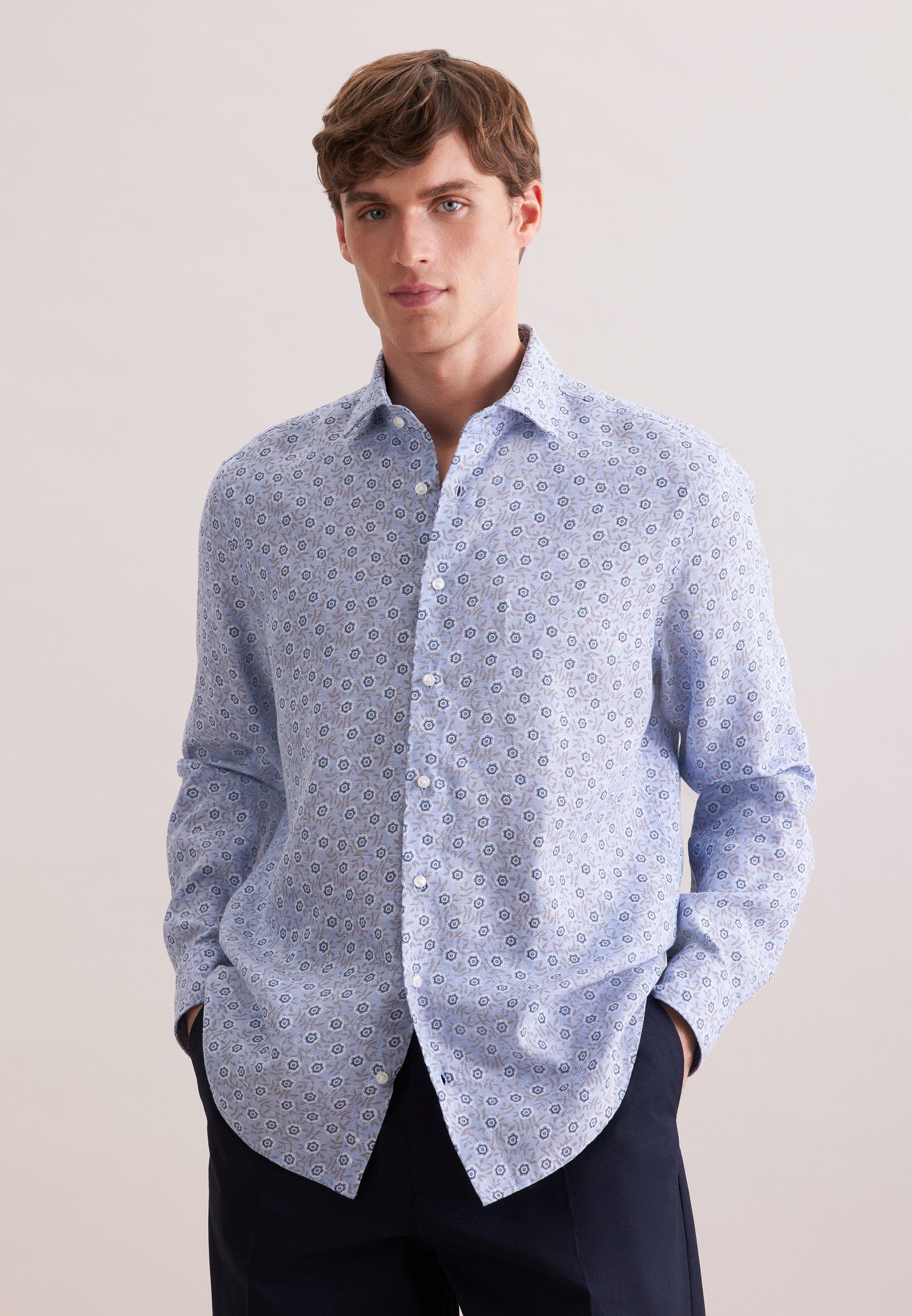 seidensticker Leinenhemd Schwarze Rose Regular 1/1 Kentkragen Druck