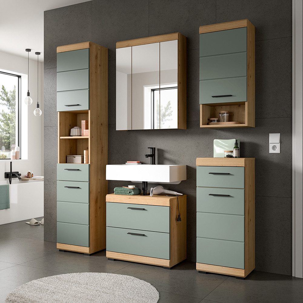 Lomadox Badmöbel-Set SIROCO-158, (Spar-Set, 5-St., Hochschrank Spiegelschrank Waschbeckenschrank Wandschrank Unterschrank), in Artisan Eiche mit Salbei