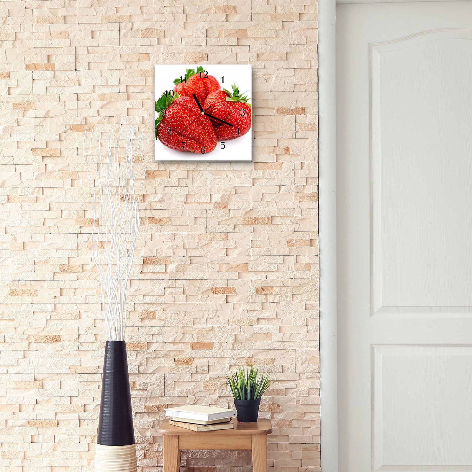 Primedeco Wanduhr Glasuhr 30 Wandkunst cm Erdbeeren Größe 30 mit Wanduhr Drei x Motiv