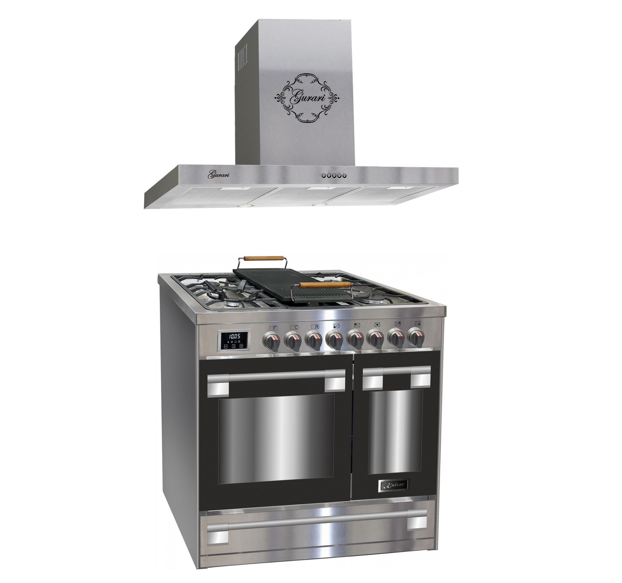 Kaiser Küchengeräte Gas-Standherd Gas Elektro Standherd 90 cm Edelstahl, Inox, Range Coocker+Edelstahl Dunstabzugshaube 90 cm HGE 93201 R+GCH F 461 IS 9, mit 1-fach-Teleskopauszug