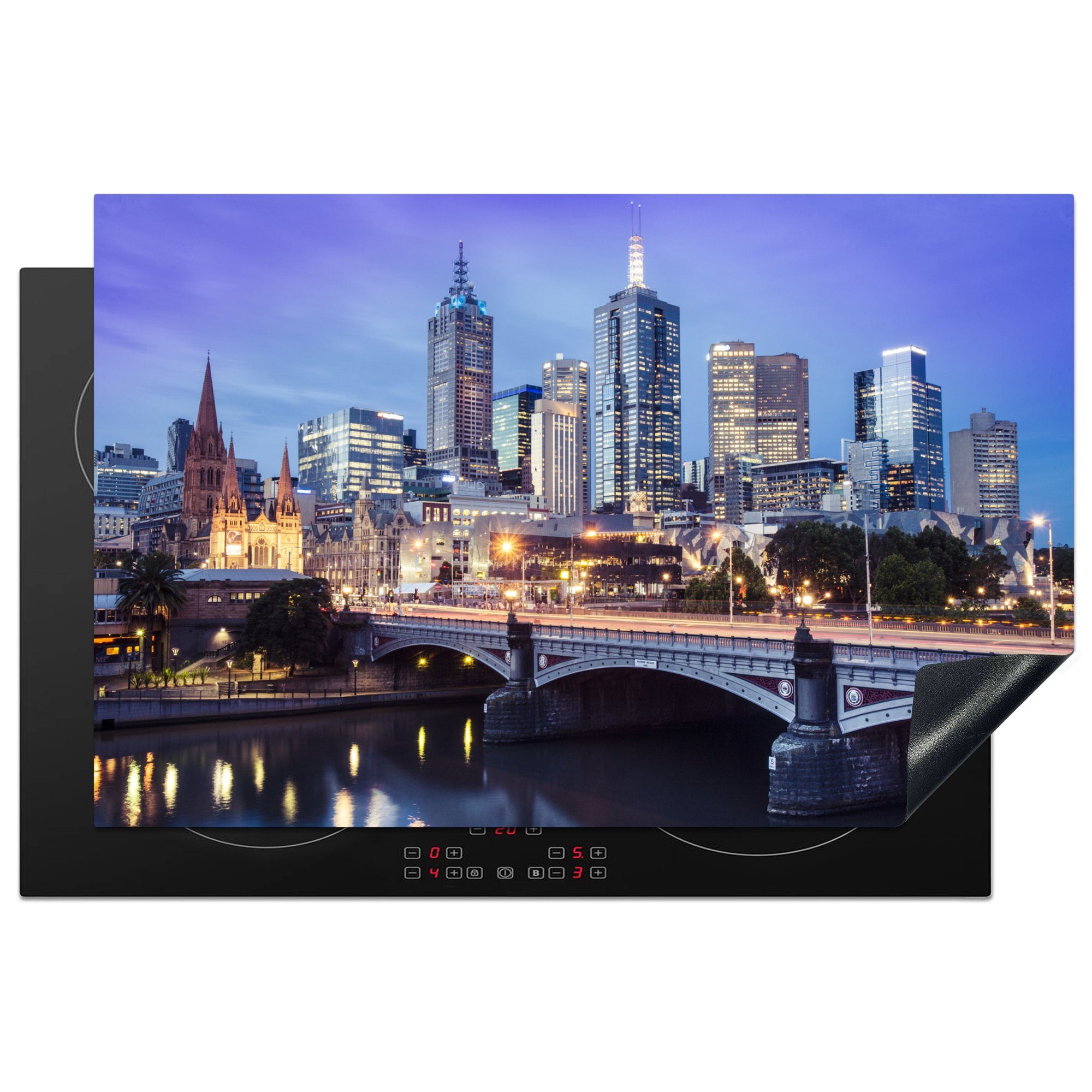 MuchoWow Herdblende-/Abdeckplatte Farbenfrohe Illuminationen in der australischen Stadt Melbourne am, Vinyl, (1 tlg), 81x52 cm, Induktionskochfeld Schutz für die küche, Ceranfeldabdeckung