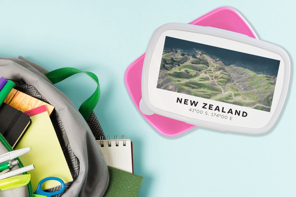 Neuseeland - - Kunststoff Strand, für Snackbox, Brotbox MuchoWow Brotdose Mädchen, Lunchbox Grün Wasser Erwachsene, - (2-tlg), Kunststoff, Kinder, rosa