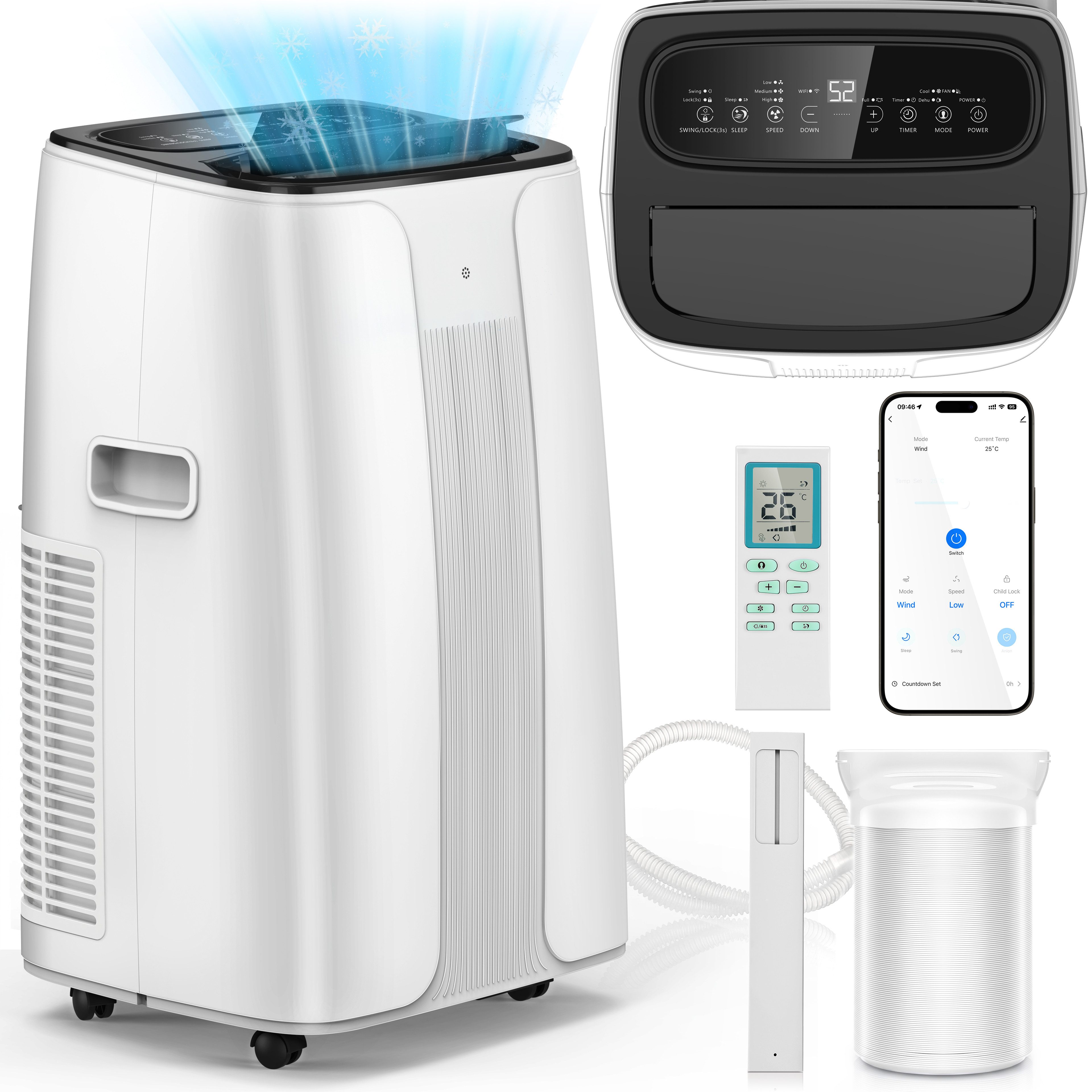 oyajia Klimagerät 6-in-1 Mobile Klimaanlage 12000BTU mit WiFi App, Abluftschlauch, Timer, Kühlen, Entfeuchten, Ventilator, Schlafmodus, Kindersicherungsmodus