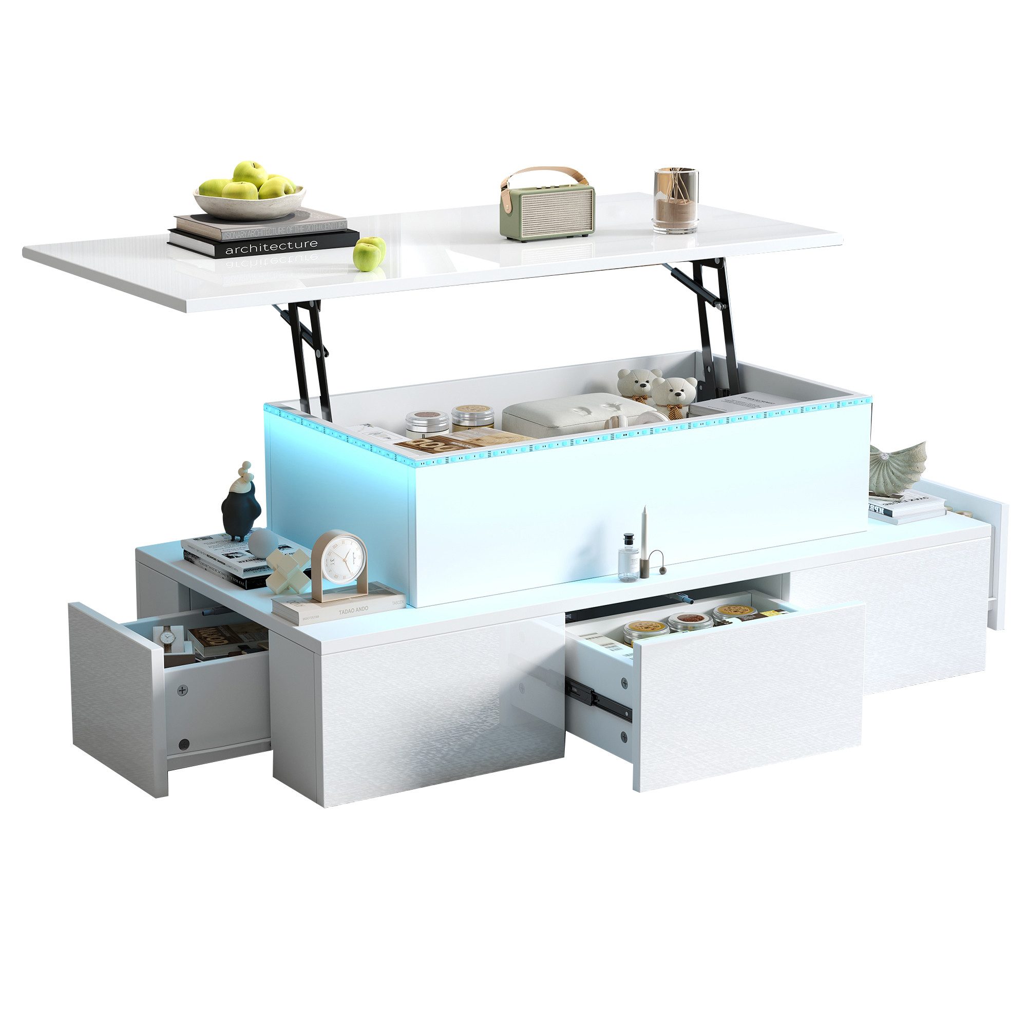 Merax Couchtisch Sofatisch mit LED-Beleuchtung, USB-Anschluss & Hochglanz-Oberfläche (Beistelltisch, 1-St., 100 x 50 x 40 cm), Wohnzimmertisch mit 4 Schubladen, verstecktem Stauraum & Liftfunktion
