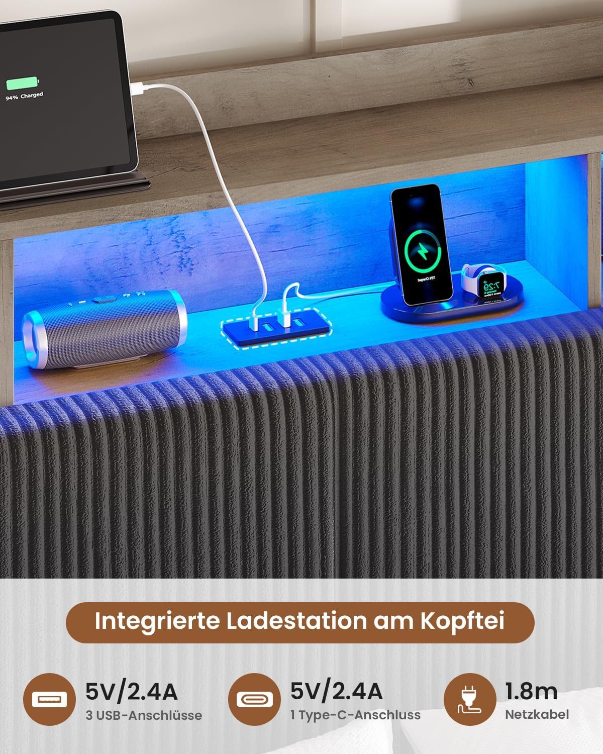 MSMASK Polsterbett Schwebebett mit 270°-LED-Beleuchtung, USB & Type-C Ladestation (Ohne Matratze), Doppelbett mit Stauraum-Kopfteil 180x200 cm – Bild 5 von 5