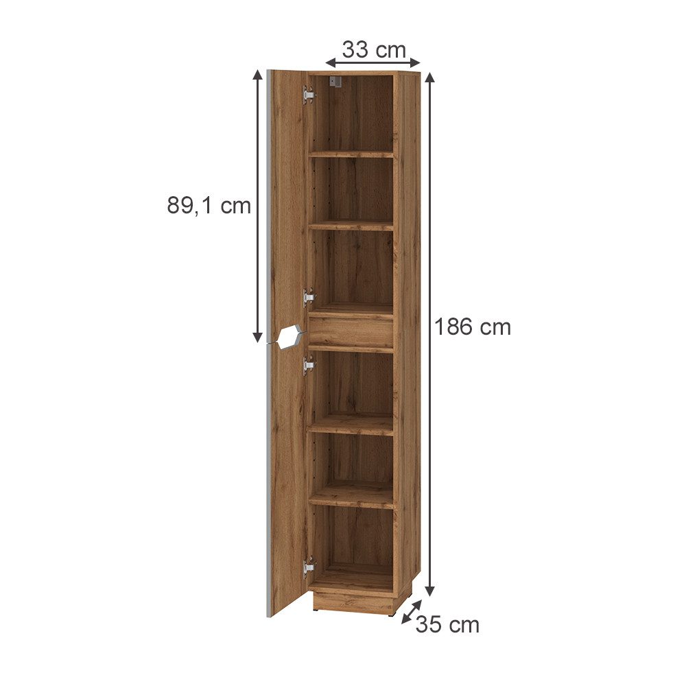 Vicco Hochschrank Lotta, Eiche/grau gestreift, 33 x 186 cm mit 2 Türen (1-St)