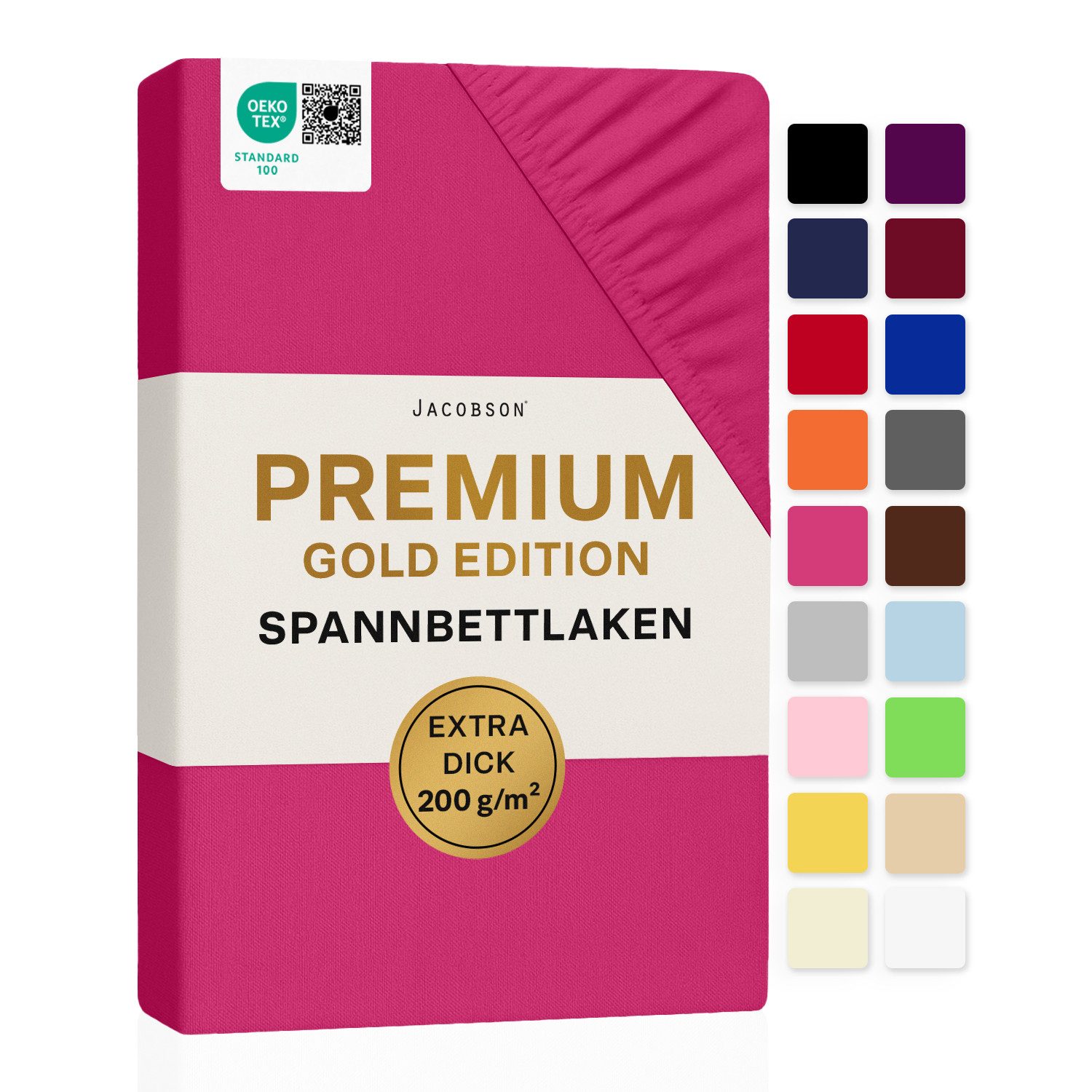 Jacobson Spannbettlaken PREMIUM 200 g/m² Jersey aus 97% Baumwolle & 3% Elasthan, Extra dichtes Bettlaken mit maximalem Halt