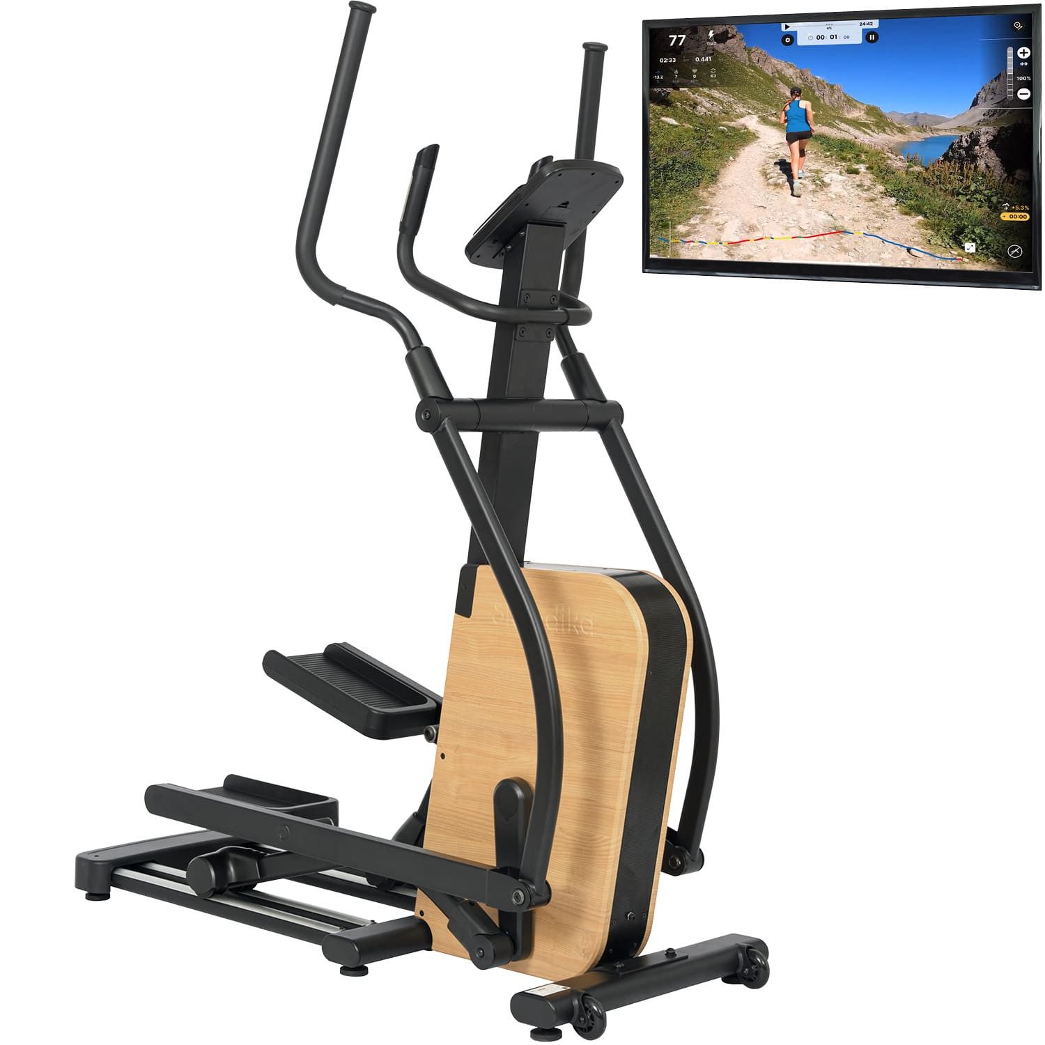 Skandika Crosstrainer für Zuhause Treliv P22, Ellipsentrainer Rahmen aus Eisen (mit Echtholz, Transportrollen, Bluetooth, bis 135 kg, Tablet-Halterung), 32 Stufen, 22 Programme, Magnetbremse, Kinomap App kompatibel