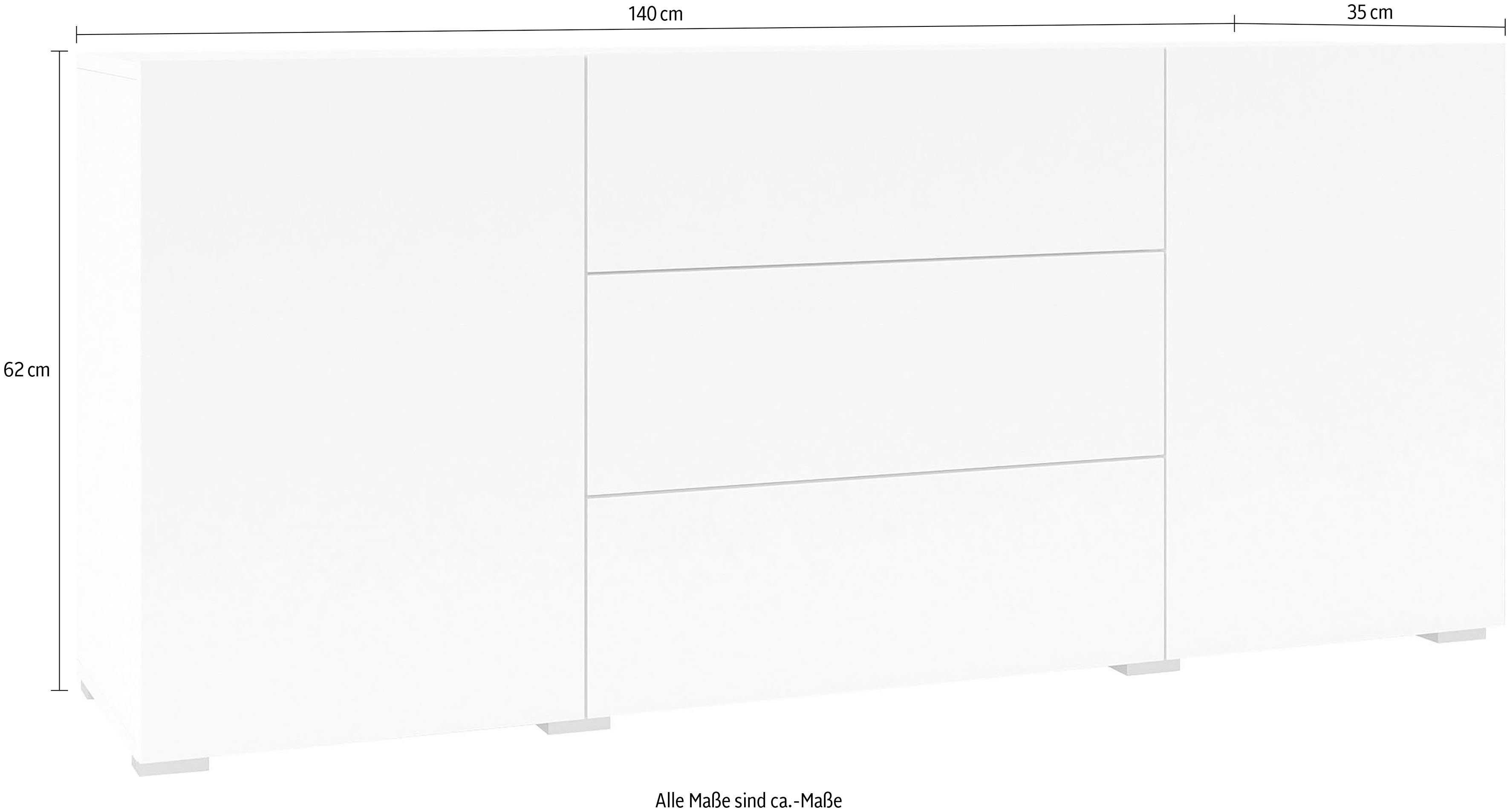 Home affaire Sideboard Ava, Breite 140 cm, hängend und stehend montierbar, moderne grifflose Kommode, Schubladenschrank, 2Türen/3Schubkästen