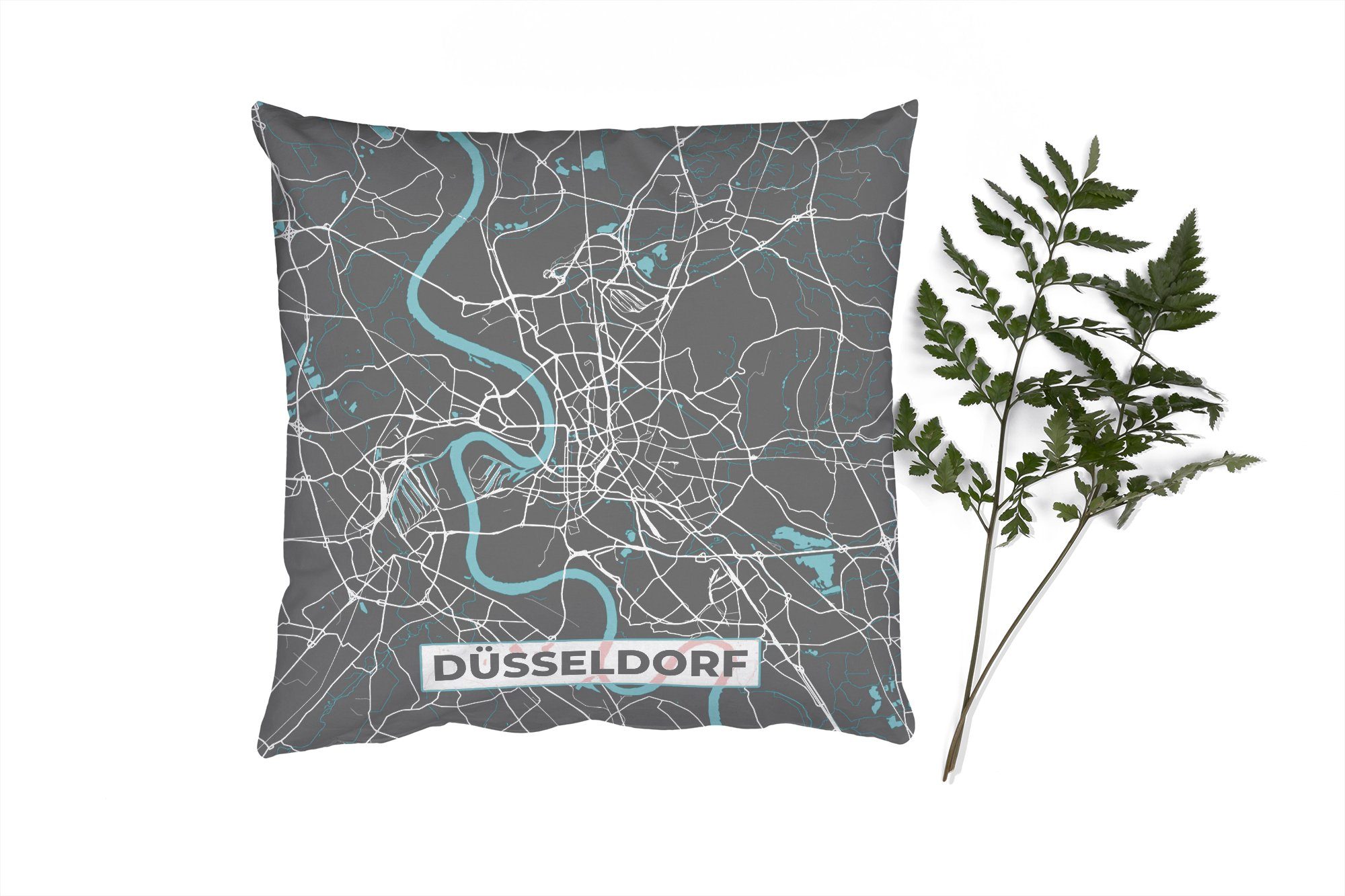 MuchoWow Dekokissen Blau - Deutschland - Karte - Stadtplan - Düsseldorf, Zierkissen mit Füllung für Wohzimmer, Schlafzimmer, Deko, Sofakissen