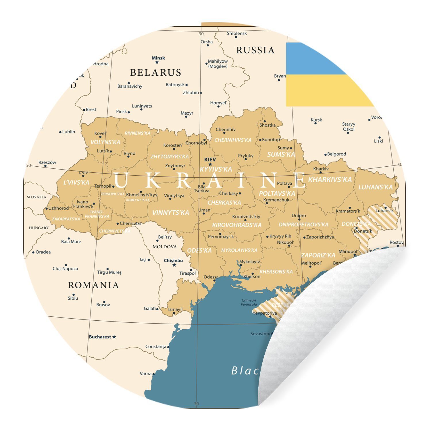 MuchoWow Wandsticker Illustration einer Karte der Ukraine mit der Flagge (1 St), Tapetenkreis für Kinderzimmer, Tapetenaufkleber, Rund, Wohnzimmer