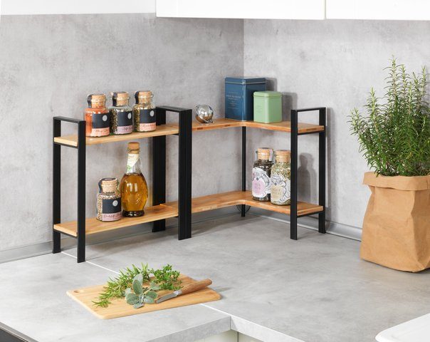 WENKO Küchenregal Modell Lou, 2 Ablagen aus Bambus, stehendes Küchen-Eckregal für die Arbeitsplatte