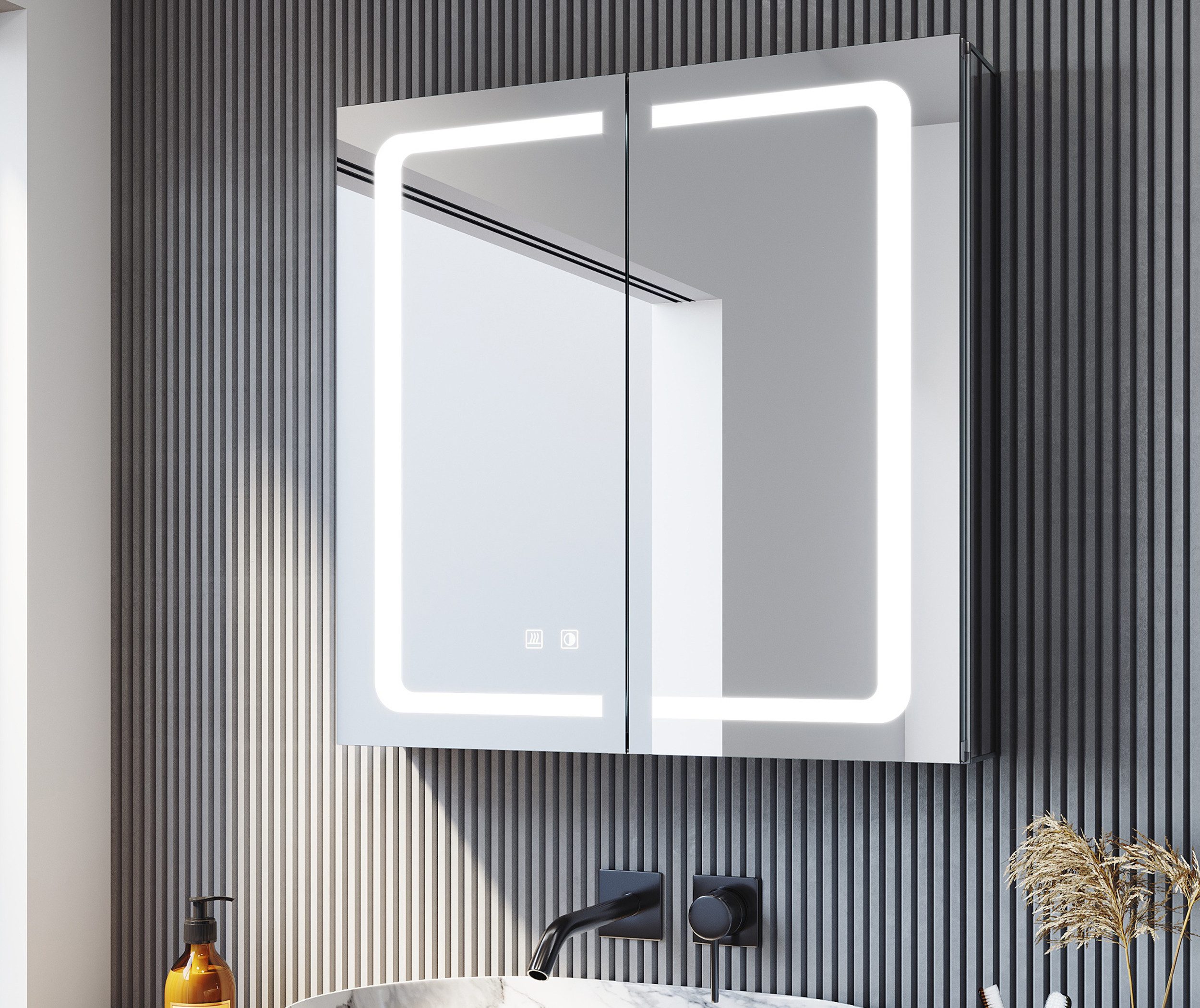 SONNI Spiegelschrank Dreifarbiger LED-Badezimmerspiegelschrank mit Antibeschlag-Funktion Aluminium mit Touch-Bedienung und integrierter Rasierersteckdose