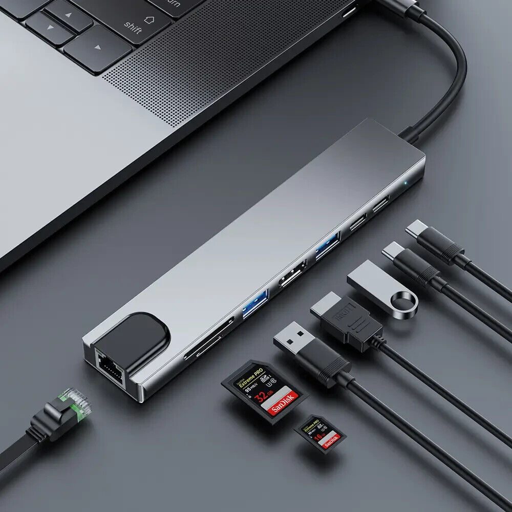 TradeNation Laptop-Dockingstation USB-C Hub 8-IN-1 Adapter HDMI USB 3.0 LAN Ethernet SD Kartenleser, (USB C Adapter, 1 St., USB C Dockingstation), 4K RJ45 Micro