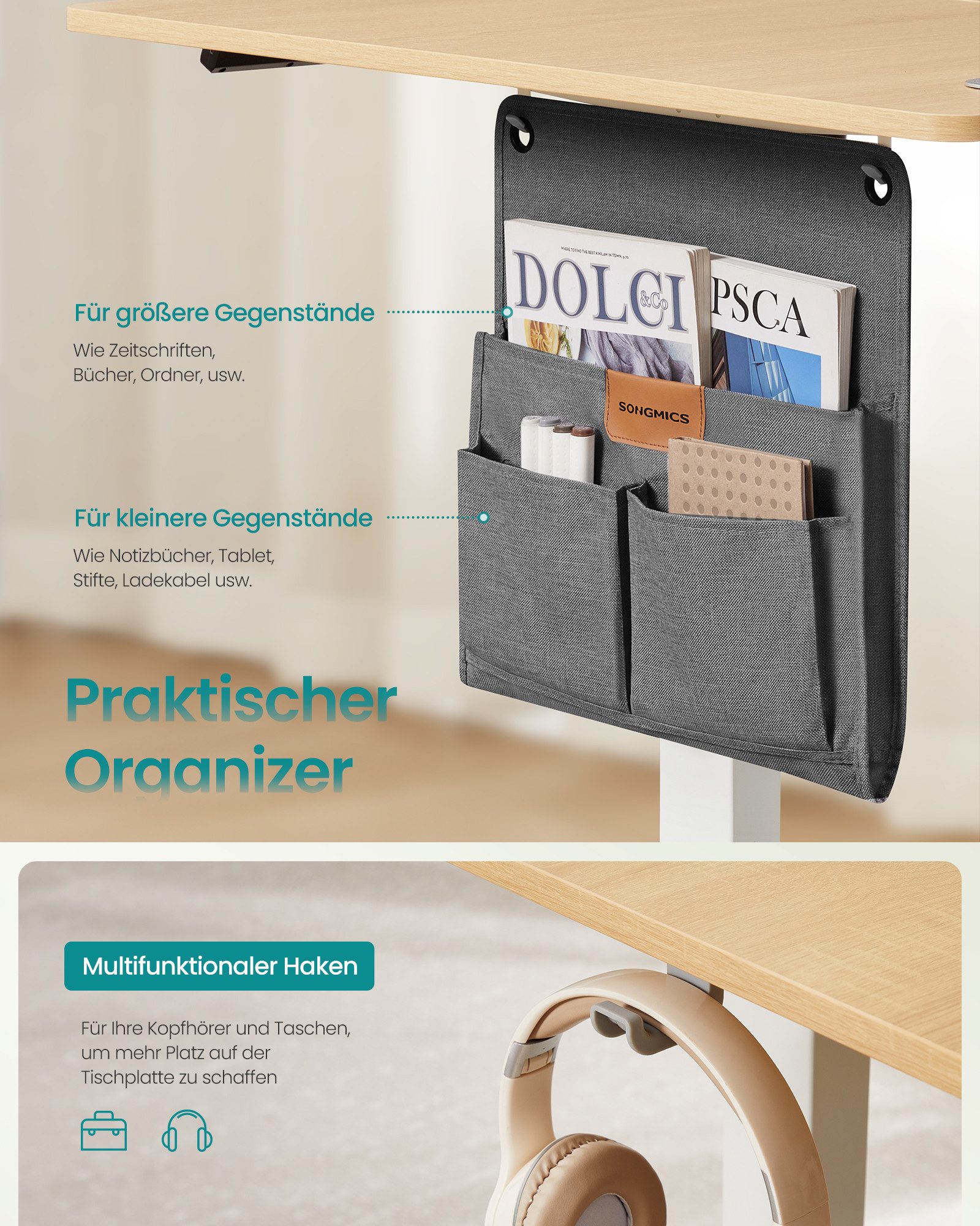 SONGMICS Schreibtisch Höhenverstellbarer elektrisch, USB-C-Anschluss, Memory-Funktion für 4 Höhen, mit Stoff-Organizer – Bild 5 von 5