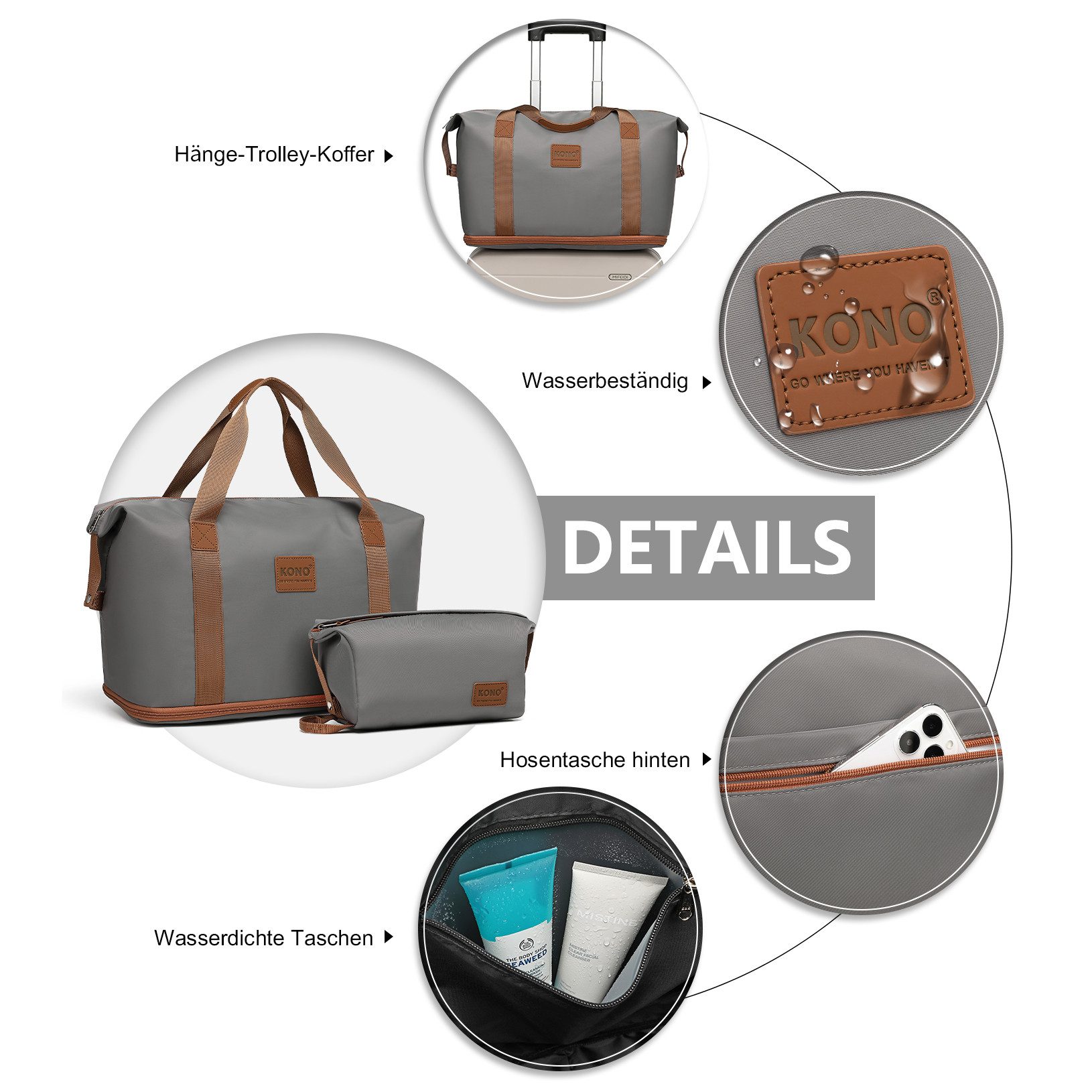 KONO Reisetasche 2-in-1 Set: Erweiterbare Handgepäck-Tasche (36L) + Kosmetiktasche, Praktisches und leichtes Design – Bild 3 von 5