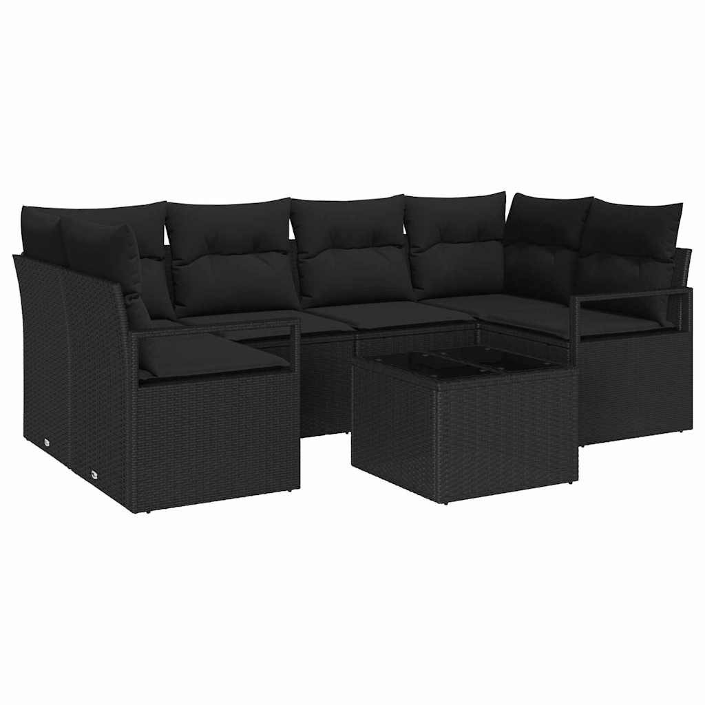 vidaXL Loungesofa Sofa Set mit Kissen 7 pcs Schwarz Poly Rattan, 7 Teile