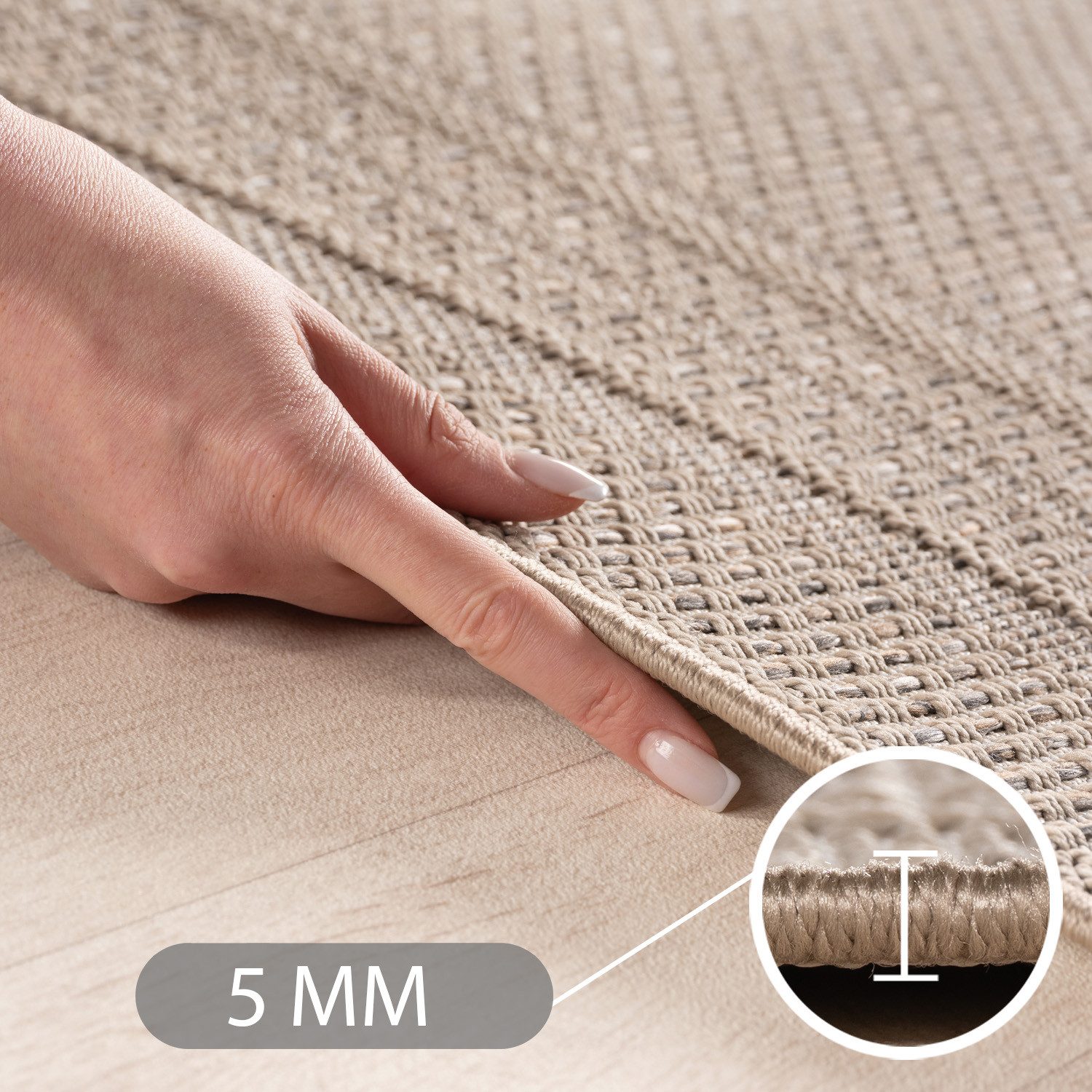 Teppium Teppich Schlichter Flatweave Teppich mit Rahmen, Rechteckig, Höhe: 5 mm, Indoor Outdoor Teppich Wetterfest 3D Optik Wohnzimmer Küchen Terrasse