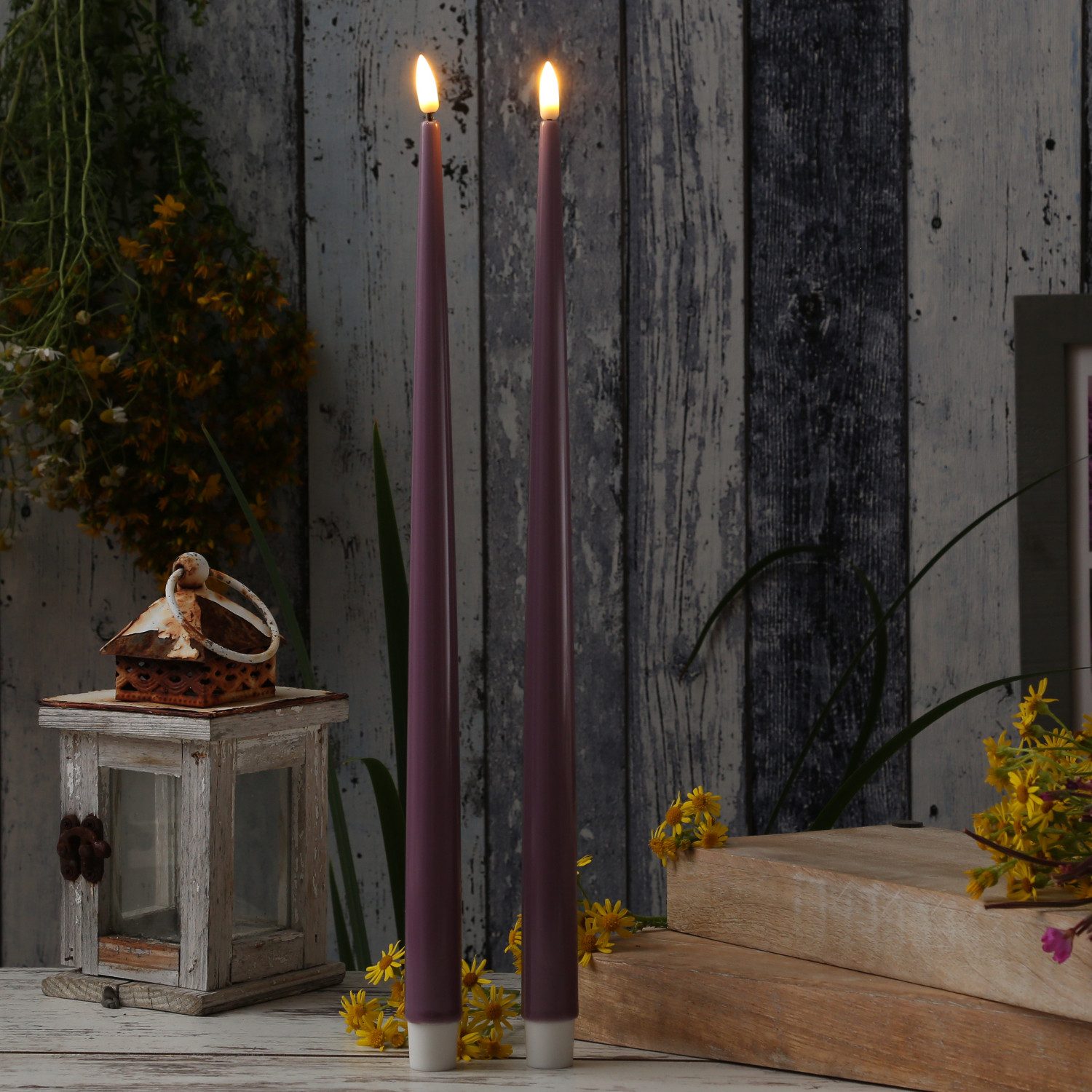 Deluxe Homeart LED-Kerze LED Stabkerzen ELLA Deluxe Tafelkerze flackernd H: 38cm flieder 2St. (2-tlg)