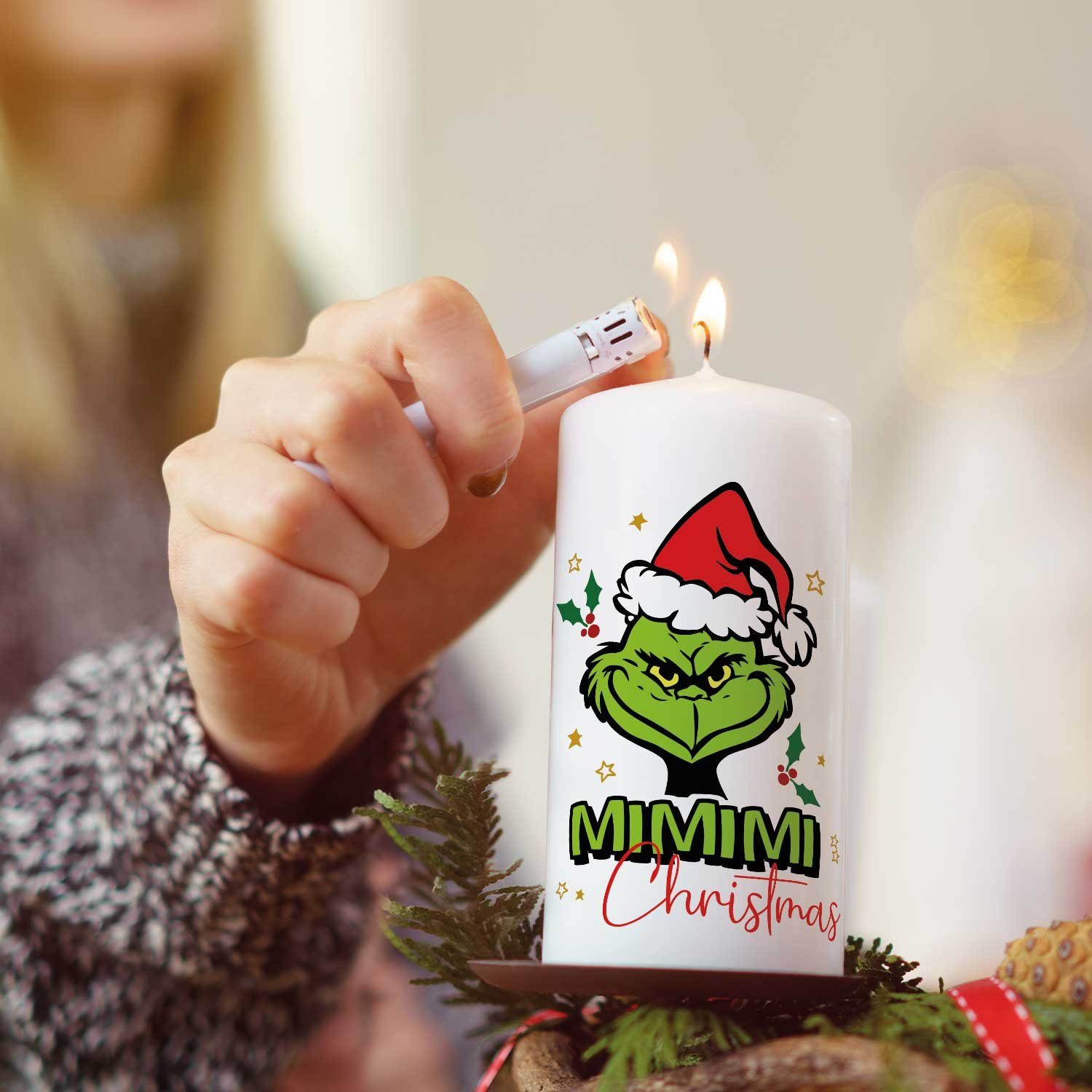 Stumpenkerze freche Grinch zu Weihnachten, Motiv Grinch Mimimi GRAVURZEILE Weihnachtsdekoration mit